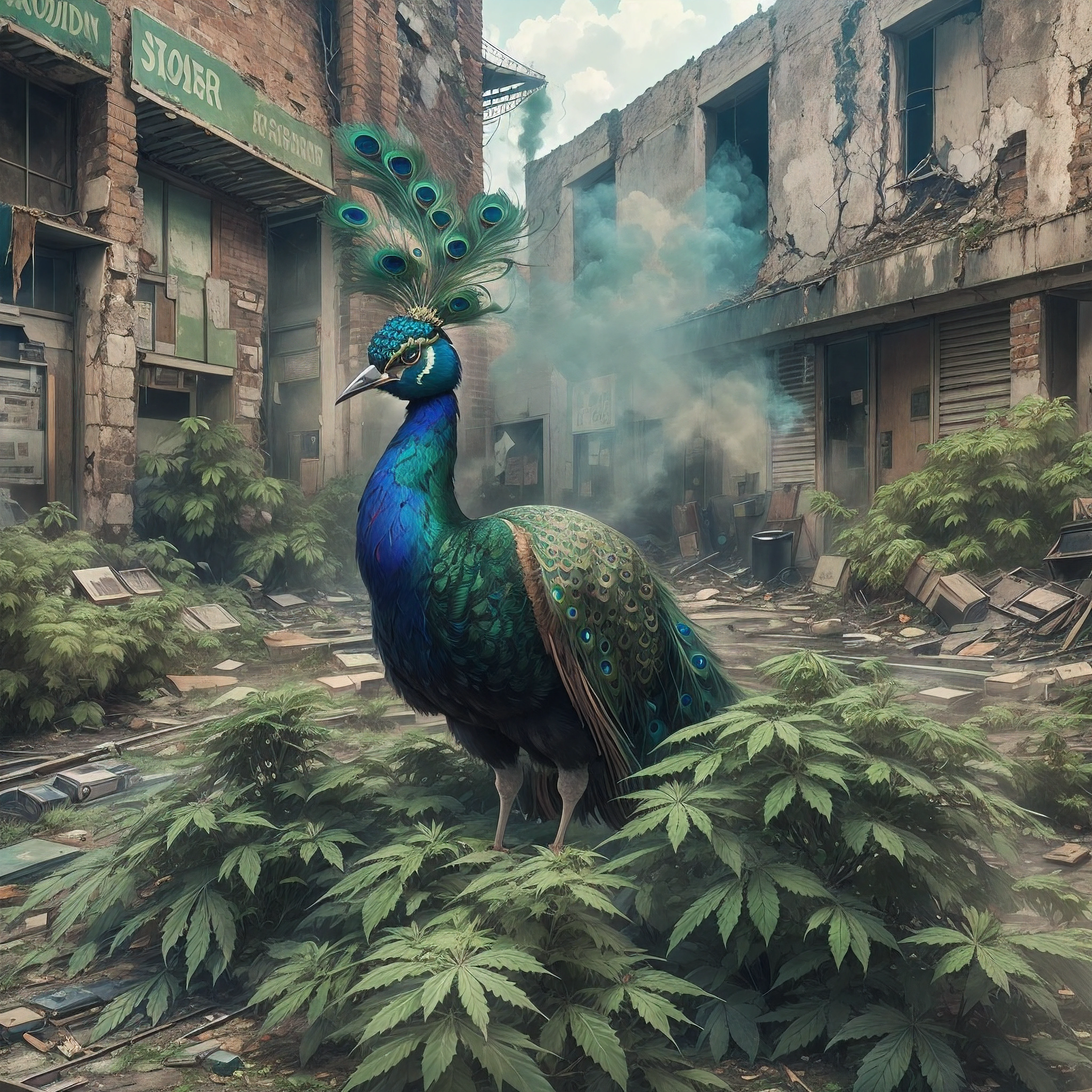 Peacock covered in marijuana wearing a BLACK flat cap hat is SMOKING MARIJUANA in the middle of the abandoned city