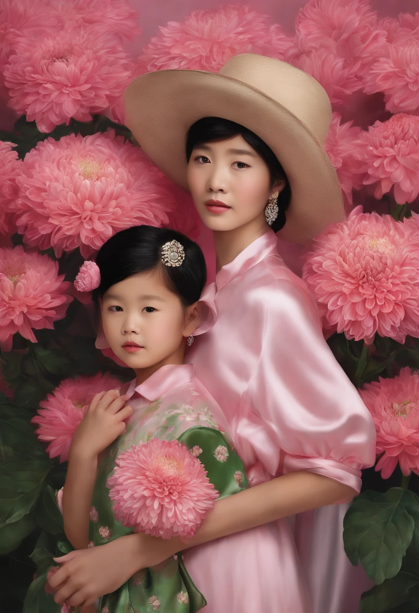 fashion magazine,ultrarealism oil painting,(chrysanthemums),Chinese grandmother and young girl,Pink and emeralds,Plant cover background,The style of artist Bruce Zheng,shinny hair,cowboy lens,art-deco,Verism,blooms,Award-Awarded,retinas