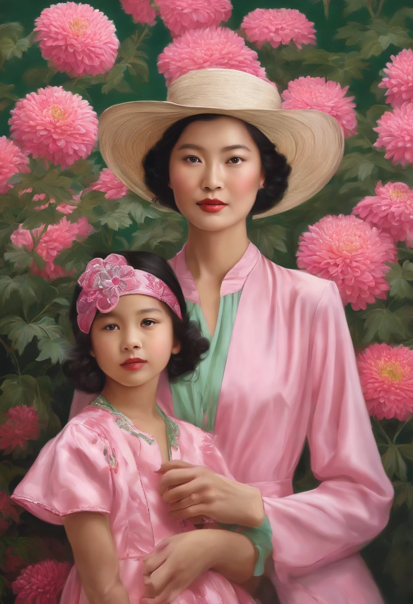 fashion magazine,ultrarealism oil painting,(chrysanthemums),Chinese grandmother and young girl,Pink and emeralds,Plant cover background,The style of artist Bruce Zheng,shinny hair,cowboy lens,art-deco,Verism,blooms,Award-Awarded,retinas