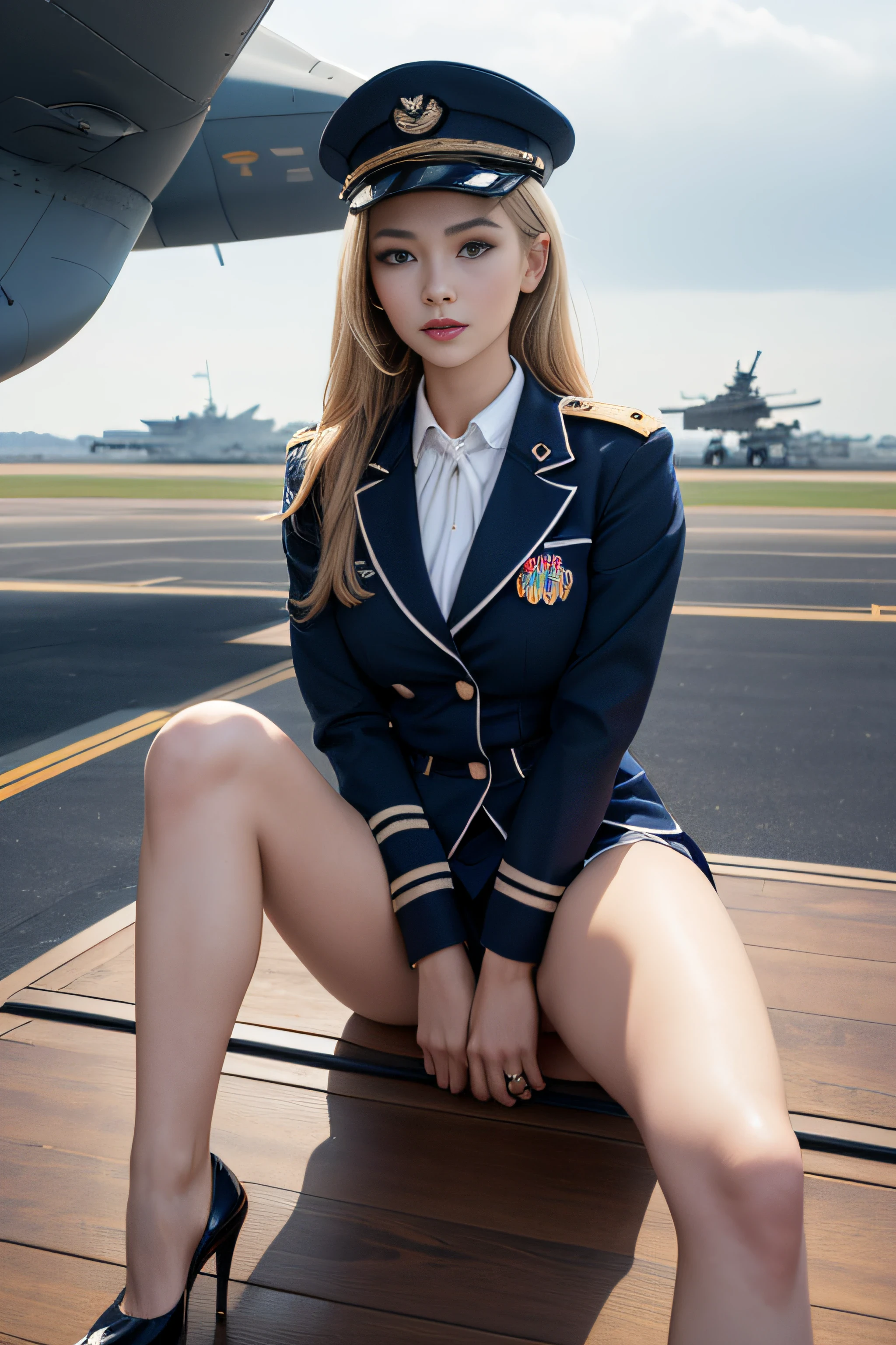 1womanl、(Super beautiful)、(beauitful face:1.4)、(A detailed face)、with spreading legs、(white panties:1.1)、(Navy Uniform:1.1)、(a blond:1.1)、(blue eyess:1.1)、Black High Heels、(Bare legs:1.1)、(Americana)、(Deck of an aircraft carrier:1.2)、At SFW