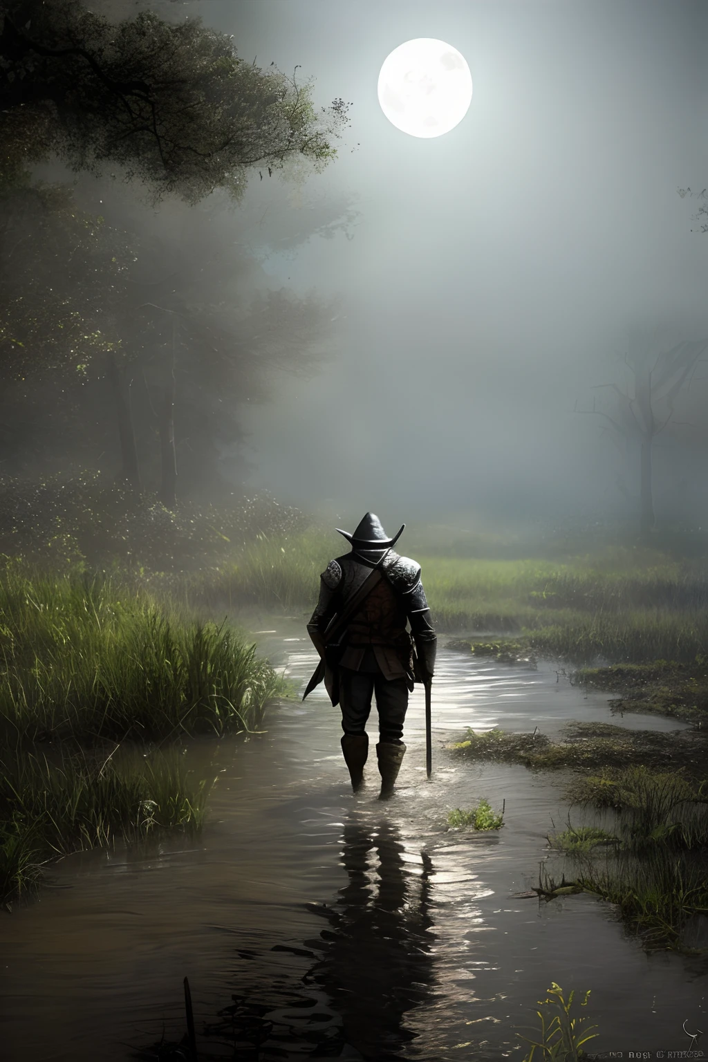 a knight in shining armor, trudging through a murky swamp. The swamp is shrouded in darkness, with eerie shadows cast by the moonlight. The knight's armor glistens faintly as they navigate through the treacherous terrain, their steps leaving deep imprints in the muddy ground. The air is heavy with a damp, earthy smell, and the sounds of croaking frogs and buzzing insects fill the air. The knight's determined gaze pierces through the mist, searching for any signs of danger lurking in the murky waters. It's a challenging and suspenseful scene, but our brave knight presses on, undeterred by the eerie atmosphere