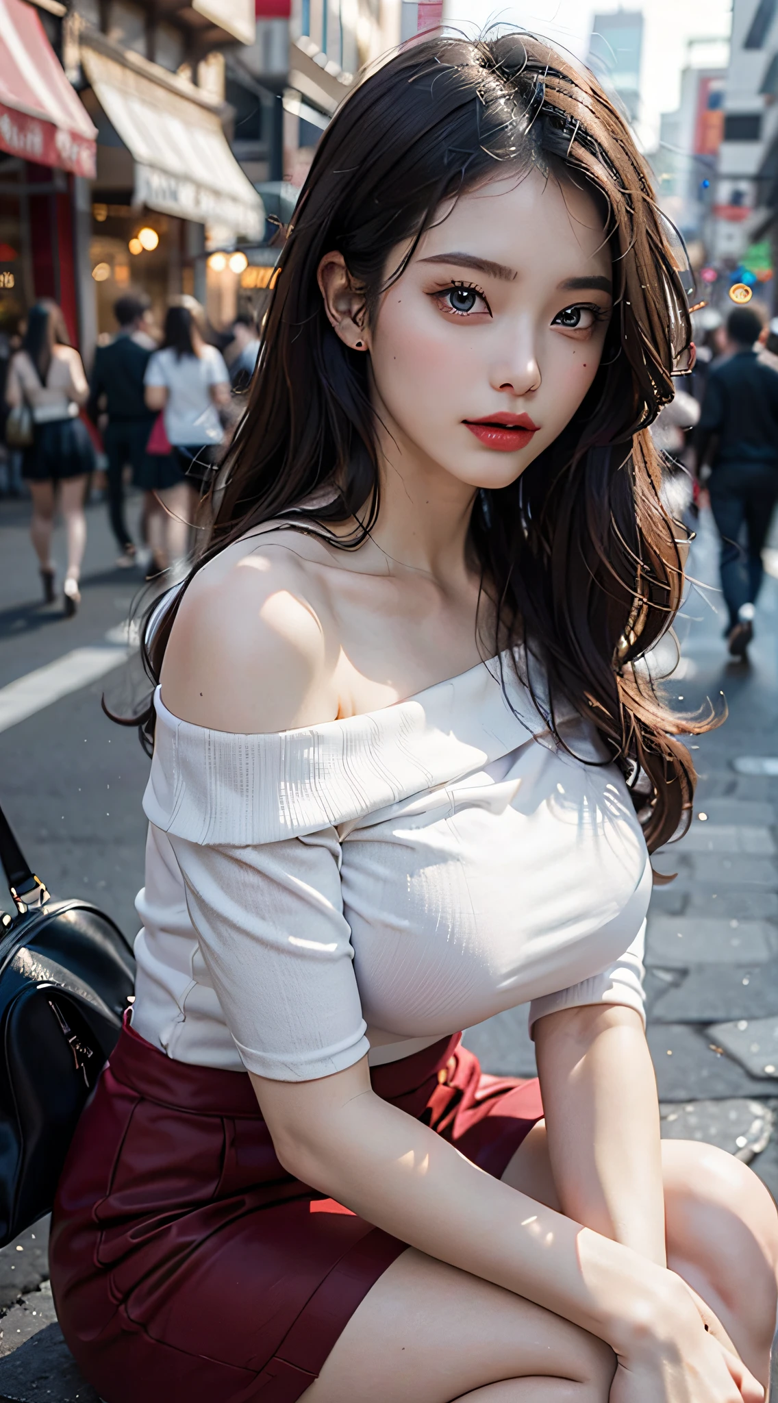 1girl, Beautiful, Amazing face and eyes, makeup, red gloss lips, (extremely detailed beautiful face), (sexiest look), (Beautiful big breasts:1.6), (off shoulder shirt, Tight Skirt, knee high:1.2), (Best Quality:1.4), (Ultra-detailed), (extremely detailed CG unified 8k wallpaper), Highly detailed, RAW Photos, Professional Photography, crowded city, Sitting, (Spread your legs), Scenery like a scene from a movie,