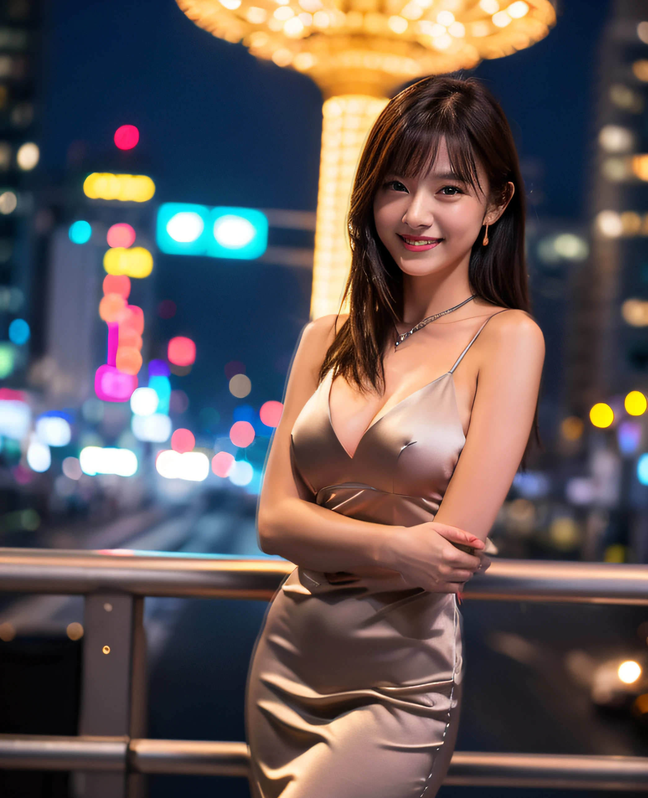 Random Pose, Mix 4, (8K, RAW Photo, Best Quality, Masterpiece: 1.45), (Real, Photorealistic: 1.37), Female, Cute, Smile, Cityscape, Night, Professional Lighting, Radiosity, Normal Breasts , deep V neckline slip dress, front facing, full body figure,