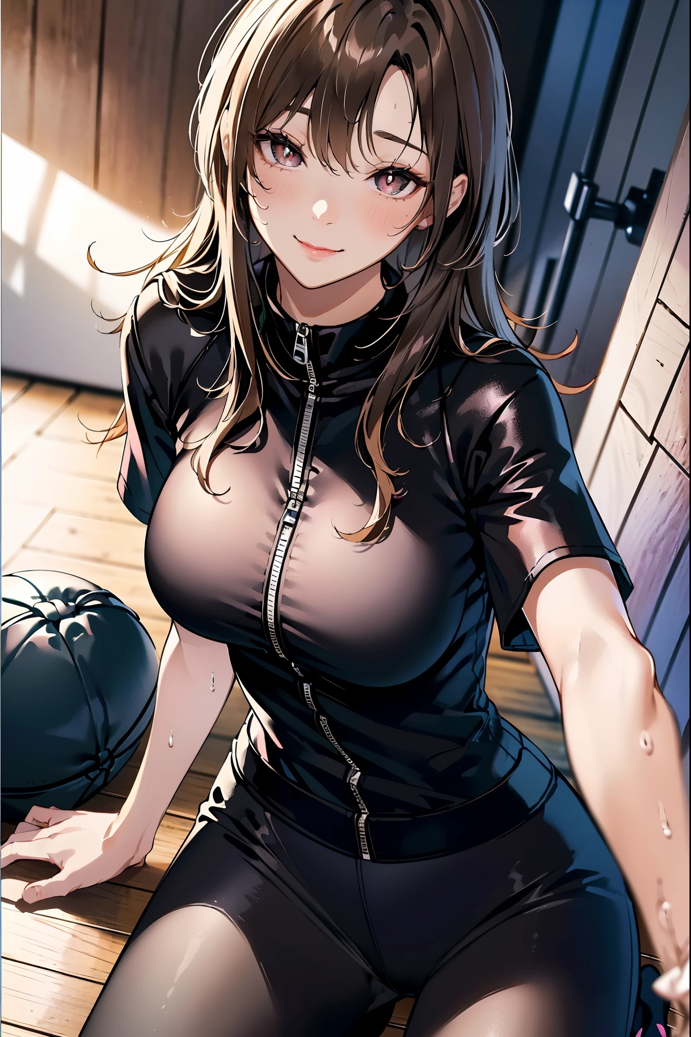 moekakiryu, 26 years old, (solo:1.6), (nsfw:1.2), sagging breast, Big breasts, big tits, Thin waist, Raised sexy, Pornographic, (medium short black hair, Sweat profusely, from below of center, straight hair, (ultra high resolution, 8K RAW photo, photo realistics, thin outline:1.3), best qualtiy, natural lighting, detailed back ground, (Bright pupils, fine detailed beautiful eyes, high detailed face), Black eyes, Red lip, looking at viewers, (crotch focus:1.2), revealing breasts, Bare genitalia, Bulge, sitting on floor, spreading legs, lifting up both knees, leaning backward, sexy posture, Flushed complexion, seductive weak smiling, in heat, frontage, center image, (Wearing black and pink baseball shirt, black leggings, athletic sneakers), ((correct anatomy:1.4)), in gym restroom,