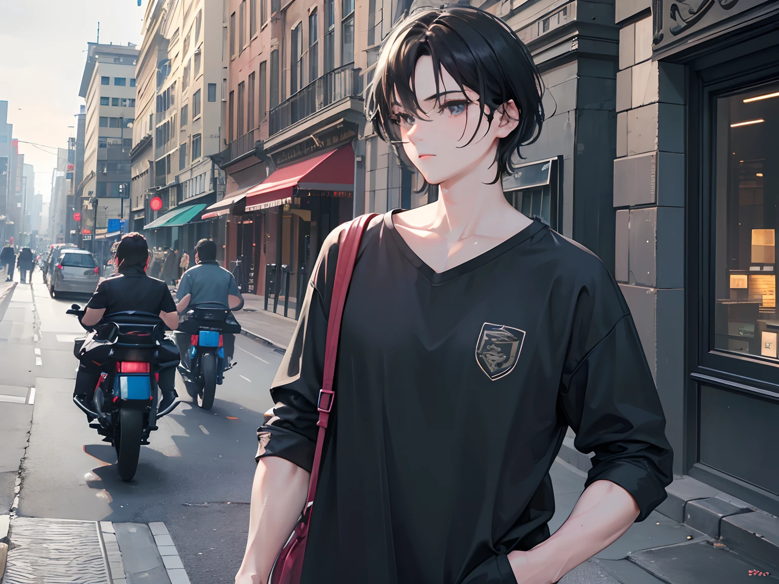 (Best quality,4K,8K,A high resolution,Masterpiece:1.2),Ultra-detailed,(Realistic,Photorealistic,photo-realistic:1.37), Gentle man, full bodyesbian, Short messy black hair, One hand inpocket, (Street style clothing:1.2), (Urban background:1.2), Intricate details, Fine details, Complex composition, Beautiful radiant details, elaborate, Cinematic lighting, high resolution, Detailed facial features, Sharp focus, Relaxed, Aesthetic