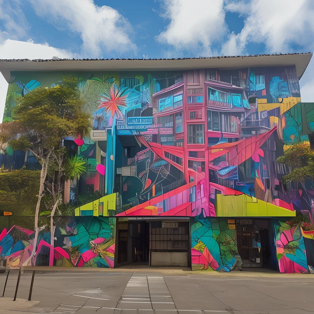 projection mapping, several images of the forest, colorful theme, on the large facade of a building from the 1980s, in the Amazon, photo realistic aesthetics --auto --s2