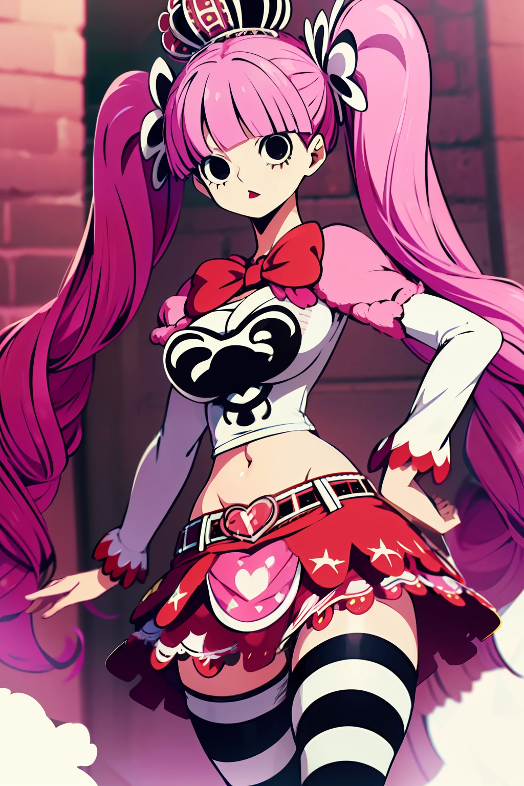 Perona, 1girl, pink hair, black eyes, blunt bangs, drill hair, red lipstick, long twintails, crown, (white and black striped stockings), red boots, red capelet, pink bowtie, white shirt with sleeves, red skirt, midriff, perfect anatomy, solo