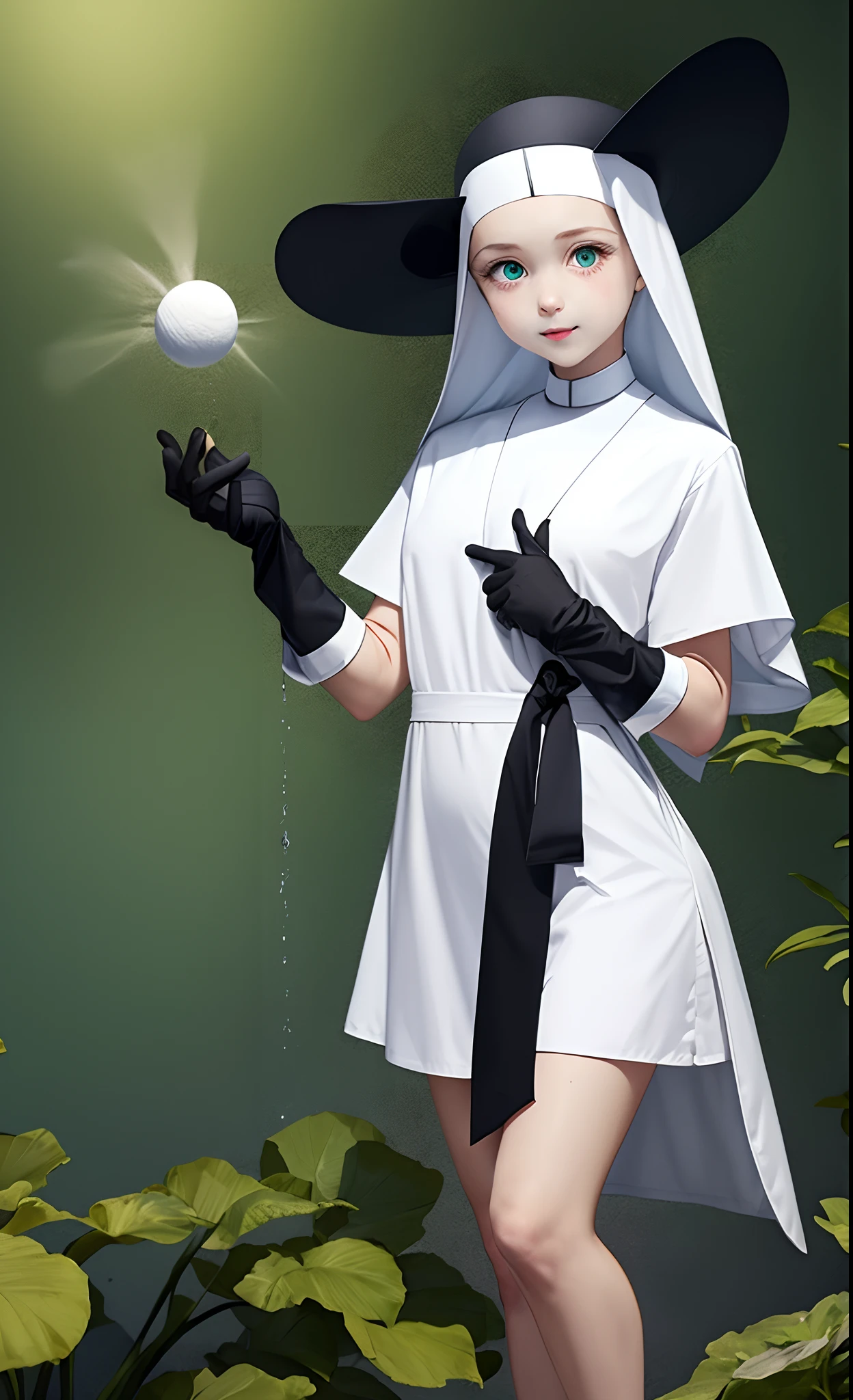 White long hair Human White nun dress Black sun hat and black gloves Little girl Green eyes Standing