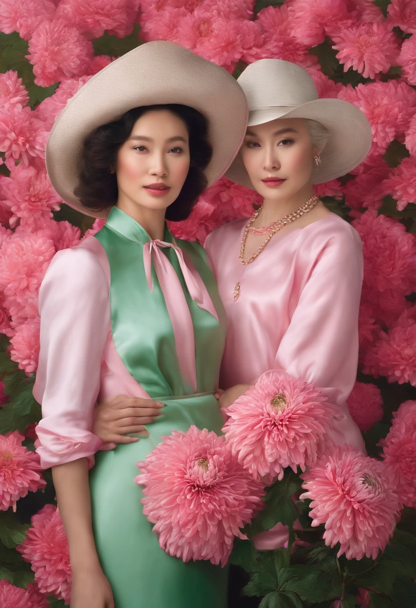 fashion magazine,ultrarealism oil painting,(chrysanthemums),Chinese grandmother and young woman,Pink and emeralds,Plant cover background,The style of artist Bruce Zheng,shinny hair,cowboy lens,art-deco,Verism,blooms,Award-Awarded,retinas
