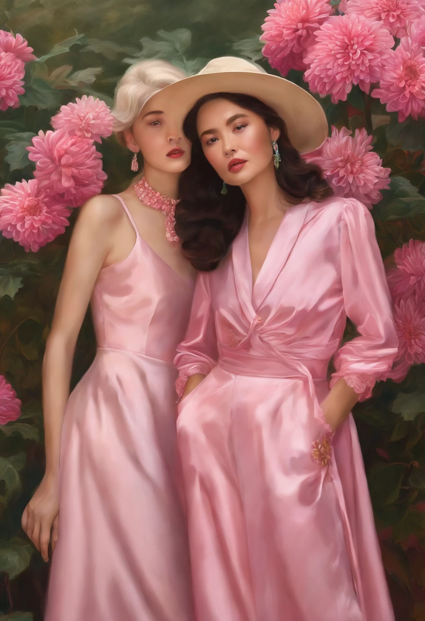 fashion magazine，ultrarealism oil painting，（chrysanthemums），Chinese grandmother and young woman，Pink and emeralds，Plant cover background，The style of artist Bruce Zheng，shinny hair，cowboy lens，art-deco，Verism，blooms，Award-Awarded，retinas