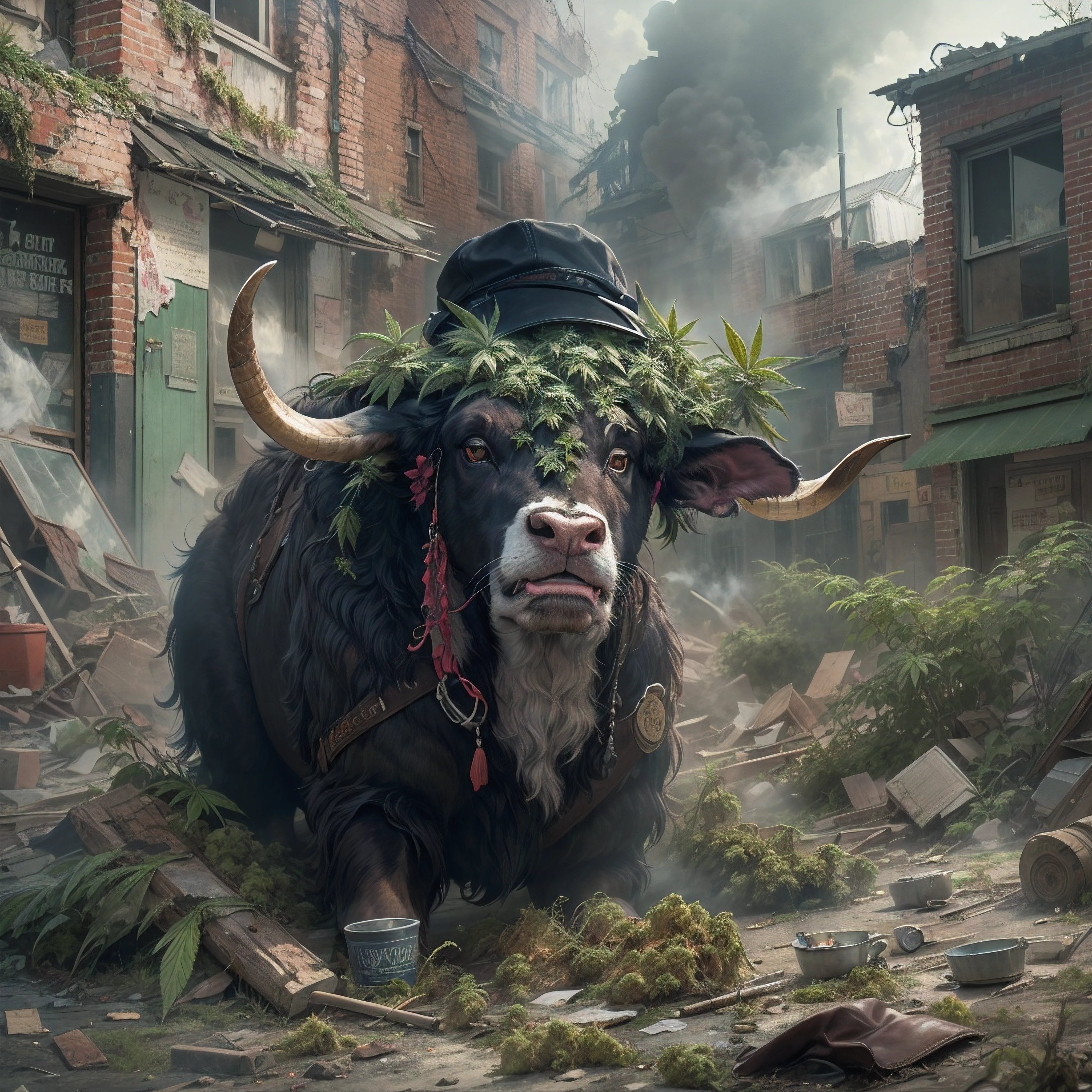Yak covered in marijuana wearing a BLACK flat cap hat is SMOKING MARIJUANA in the middle of the abandoned city