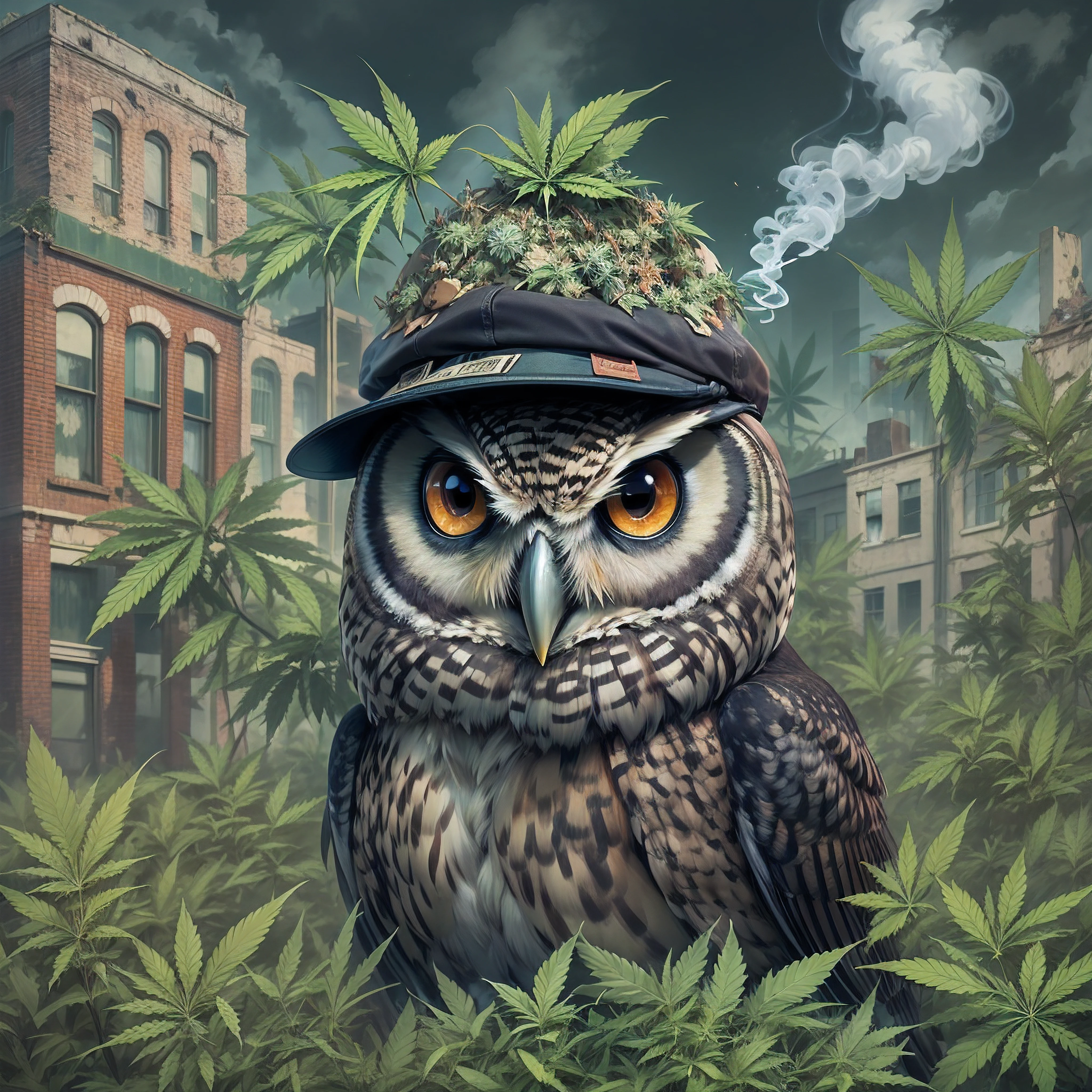 owl covered in marijuana wearing a BLACK flat cap hat is SMOKING MARIJUANA in the middle of the abandoned city