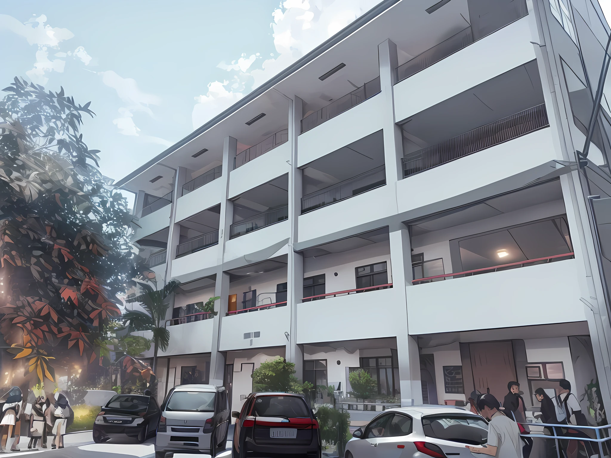 cars parked in front of a modern building with people standing outside, centre image, full building, frontview, front-view, front side, front view, full - view, outside view, multistory building, mid-view, exterior view, white building, white painted building, painted building, building facing, front side view, japanese high school, ground view, office building, ground - level view, ground-level view, anime, anime style, modern anime, realistic anime.