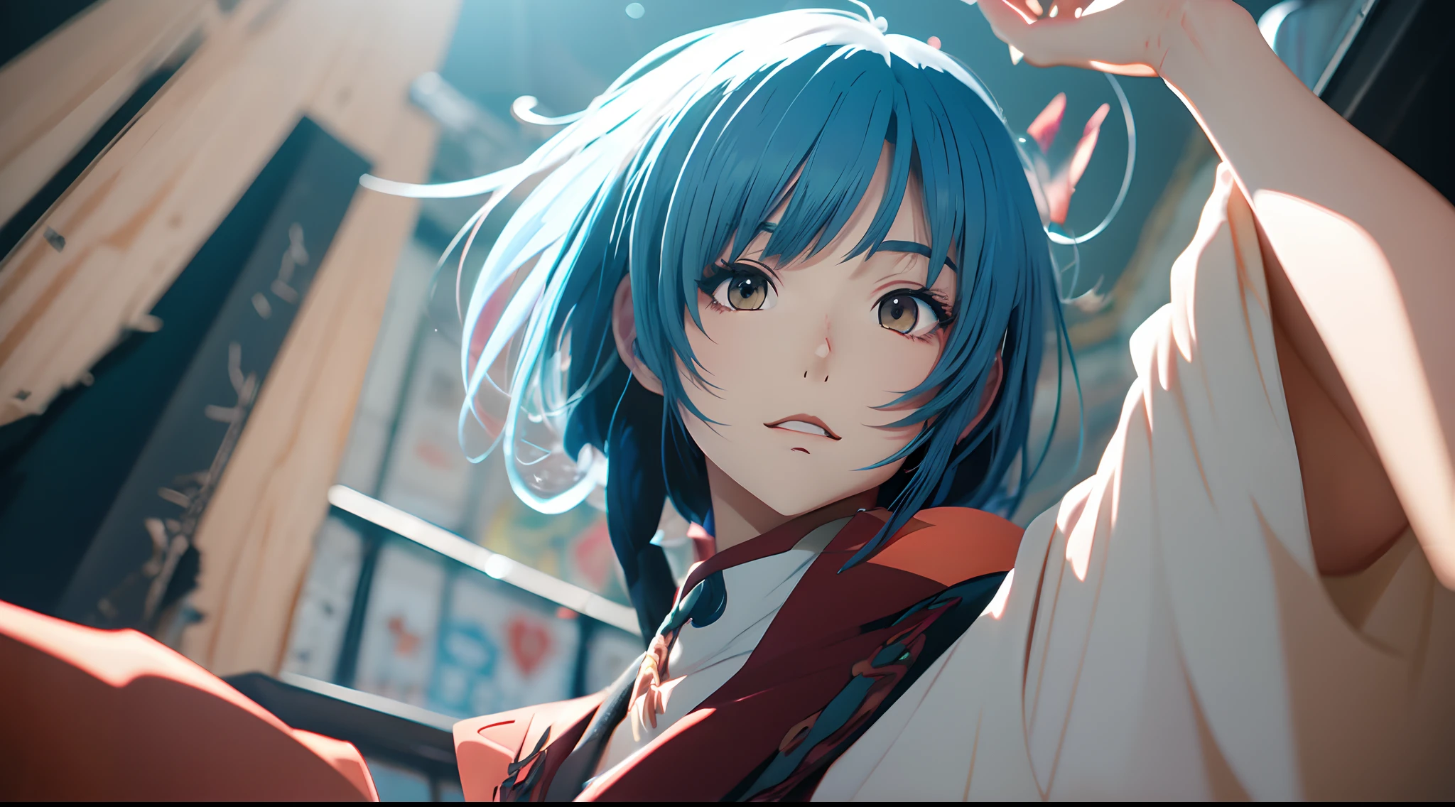 Menina anime com cabelo azul e colete vermelho com olhos azuis, estilo anime 4K, Anime Art Wallpaper 8K, arte de anime digital detalhada, badass anime 8 k, arte de anime digital, Anime Art Wallpaper 4K, Anime Art Wallpaper 4K, arte digital estilo anime, Papel de parede anime 4k, estilo anime. 8k, 4k anime wallpapers, Anime Wallpaper 4k