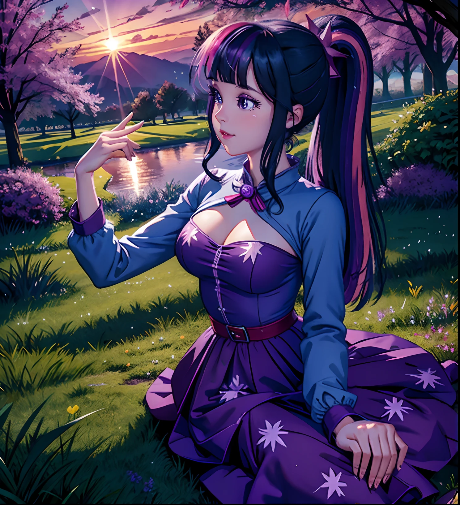 Twilight Sparkle, twilight Sparkle from my little pony, twilight Sparkle in the form of a girl, in a purple dress, big breasts, lush breasts, in a garden, evening, purple dress, long sleeves, purple sky, flowers surrounding her, holding lots of flowers, sakura trees, petals falling, garden lights, purple lights, sitting under a tree staring at the stars, purple sunset,