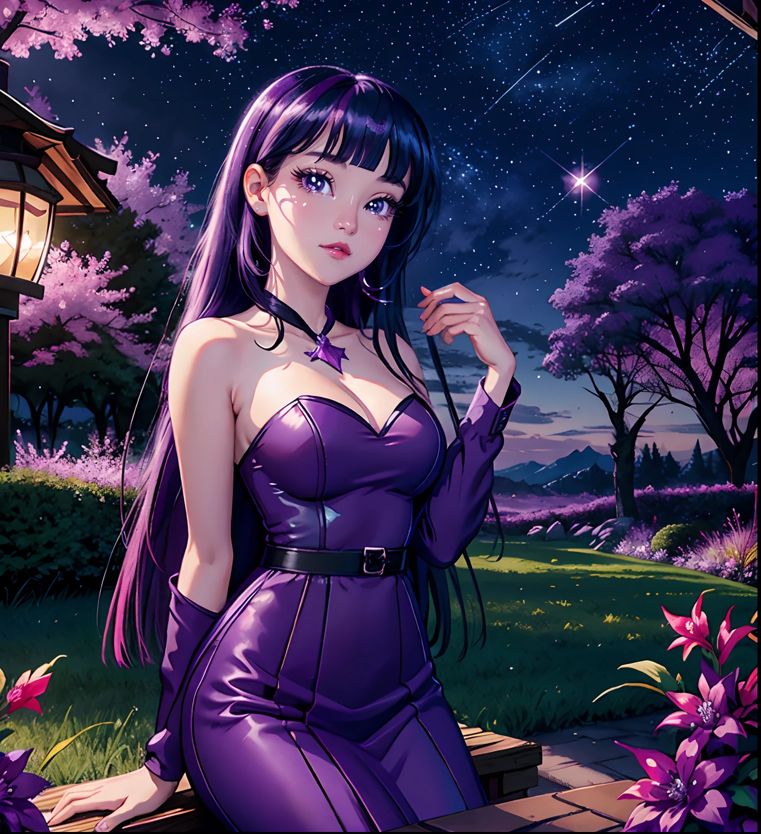 Twilight Sparkle, twilight Sparkle from my little pony, twilight Sparkle in the form of a girl, in a purple dress, big breasts, lush breasts, in a garden, evening, purple dress, long sleeves, purple sky, flowers surrounding her, holding lots of flowers, sakura trees, petals falling, garden lights, purple lights, sitting under a tree staring at the stars, purple sunset,