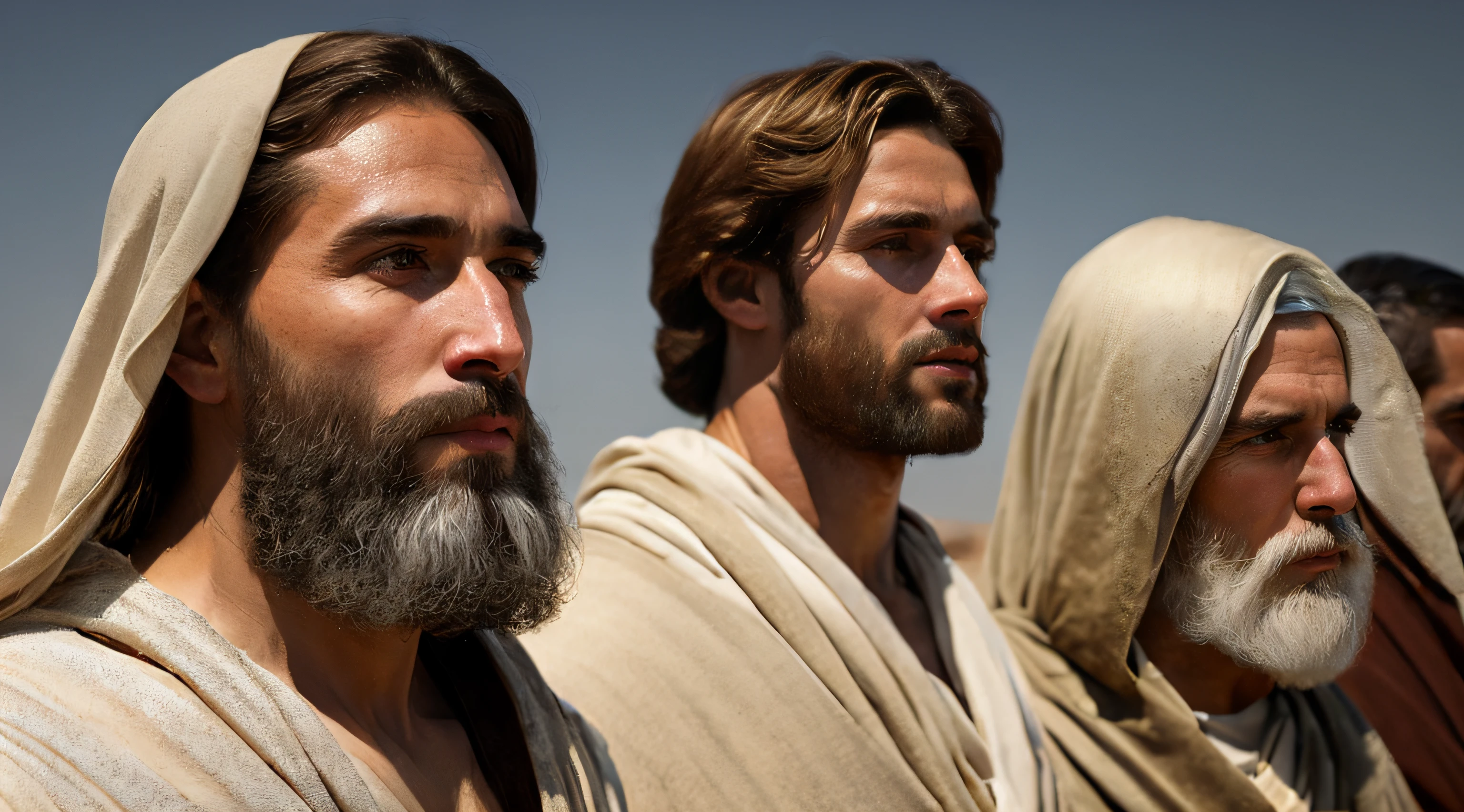 (((Ancient Israel)))、(((1st century)))、Jesus Christ and His Disciples Looking Into the Distance、in 8K、Raw photography、top-quality、​masterpiece:1.5、ultra-lightweighthigh-resolution、Photorealsitic:1.5、ciinematic light、soft volumetric lighting:1.5、realisitic、Photorealsitic:1、Detailed skin、profetional lighting、a picture、foco nítido、detaileds、profetional lighting、photon maping、detailed and intricate environment、ighly detailed、top-quality、Artistic photography、photorrealistic concept art、soft natural volumetric cinematic perfect light、Midjourney、Detailed hand、