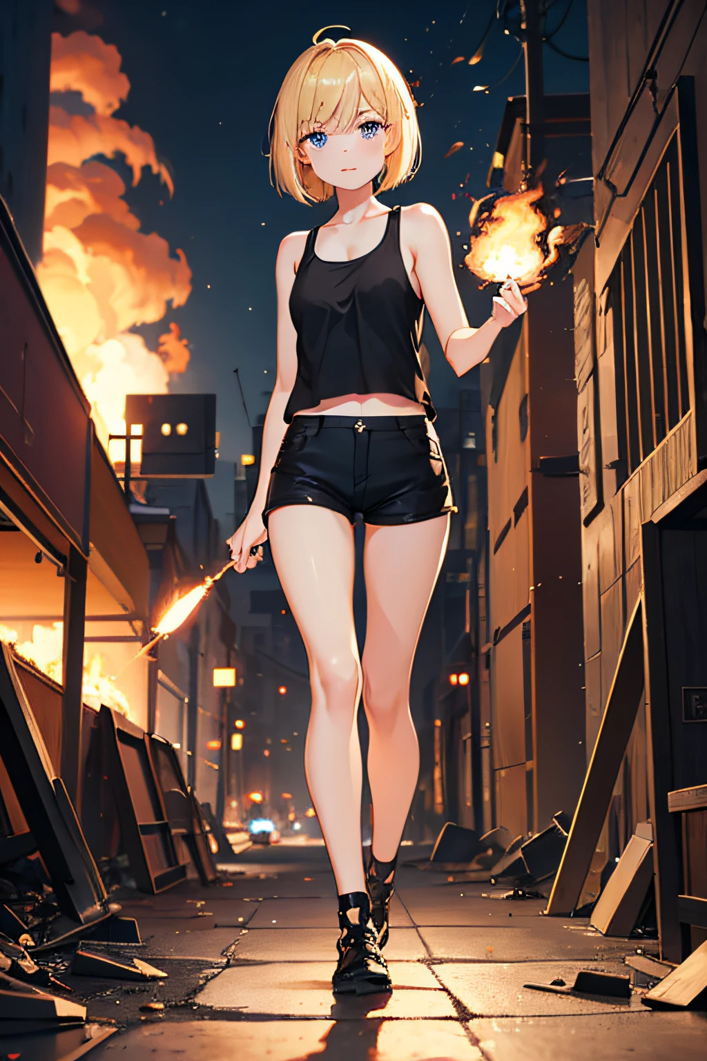 during night、Base explosions and flames、Exploding buildings、Cute blonde girl with a lit matchstick、cute  face、elegant sleek smooth body、full body Esbian、Short bob hair、a blond、blue eyes、Black tank top、sexy black shorts、Wearing black shorts