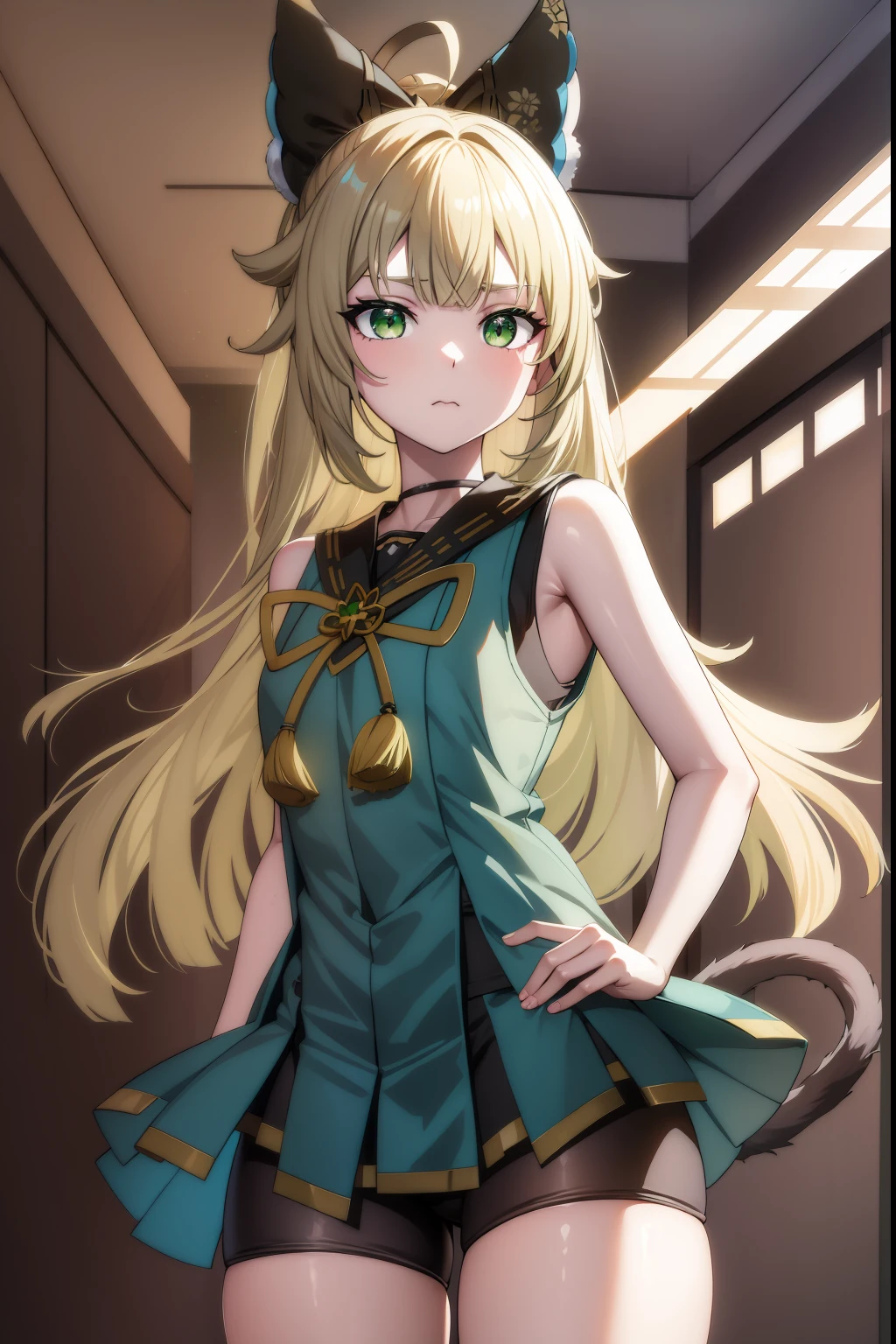 kirara, kirara, ahoge, blonde hair, cat feet, cat girl, cat tail, (green eyes:1.5), bow, hair bow, black bow, long hair, multiple tails, nekomata, tail, two tails, (:3, cat mouth:1.2)
BREAK bike shorts, bike shorts under skirt, black leg warmers, black shorts, black tank top, collared vest, overskirt, shorts, shorts under skirt, tank top, vest,
BREAK looking at viewer, full body, (cowboy shot:1.5), upper body,
BREAK outdoors,
BREAK (masterpiece:1.2), best quality, high resolution, unity 8k wallpaper, (illustration:0.8), (beautiful detailed eyes:1.6), extremely detailed face, perfect lighting, extremely detailed CG, (perfect hands, perfect anatomy),