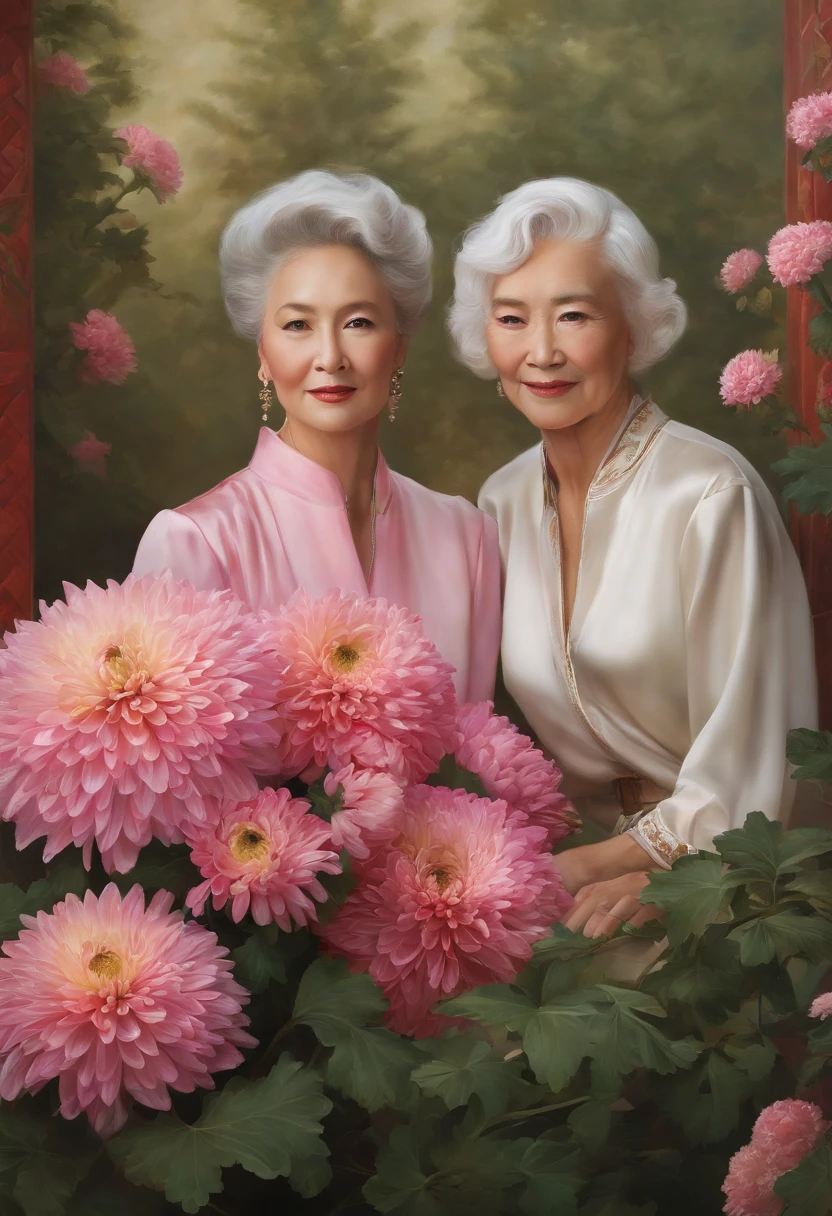 fashion magazine,ultrarealism oil painting,(chrysanthemums),Chinese white-haired grandmother and young woman,Pink and emeralds,Plant cover background,The style of artist Bruce Zheng,shinny hair,cowboy lens,art-deco,Verism,blooms,Award-Awarded,retinas