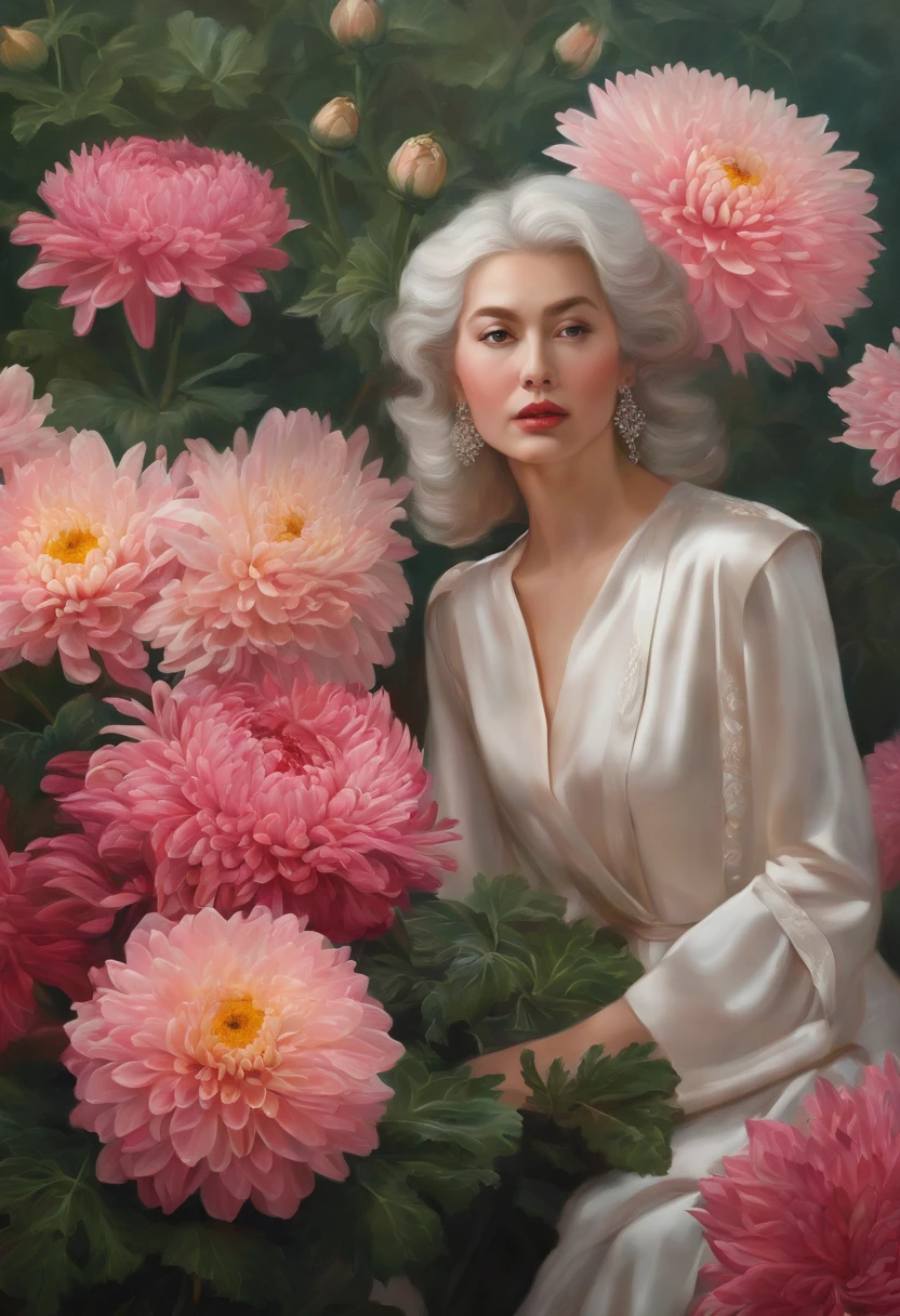 fashion magazine,ultrarealism oil painting,(chrysanthemums),Chinese white-haired grandmother and young woman,Pink and emeralds,Plant cover background,The style of artist Bruce Zheng,shinny hair,cowboy lens,art-deco,Verism,blooms,Award-Awarded,retinas