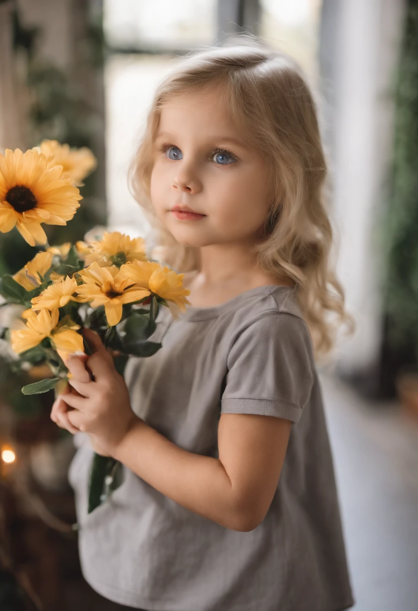 In the flower shop，Round neck short sleeve T-shirt big eyes little girl（Close-up 1:1），largeeyes，blond hairbl，((Grey t-shirt))，white pantie，Little American girl，Holding a flower in hand，brightly，cheerfulness，intriguing，gentlesoftlighting