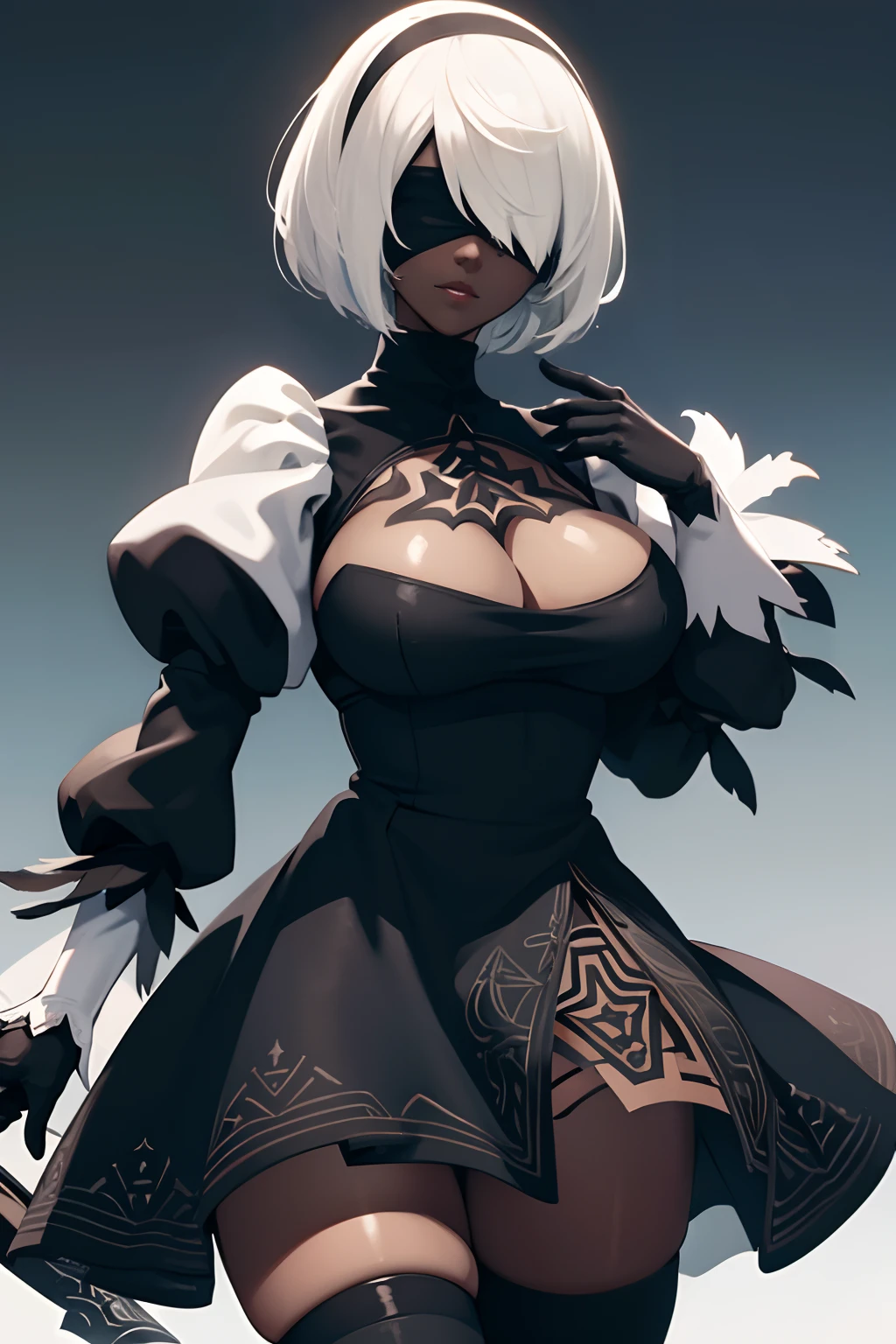 2B, Nier Automata, dark skin, white clothes, black hair, ebony, black skin
