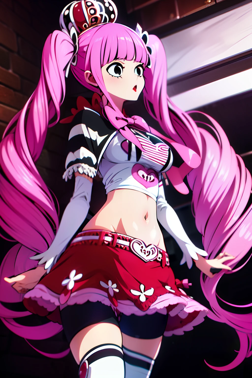 Perona, 1girl, pink hair, black eyes, blunt bangs, drill hair, red lipstick, long twintails, crown, (white and black striped stockings), red boots, red capelet, pink bowtie, white shirt with sleeves, red skirt, midriff, perfect anatomy, solo