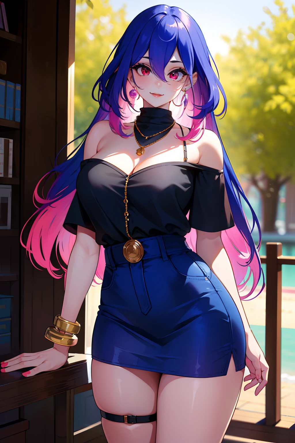 masterpiece, best quality, highly detailed, 1girl, solo, perfect anatomy, slim, red eyes, blue hair, bangs, purple hair, hair between eyes, multicolored hair, gradient hair, pink lips, thick thighs , edgCT, blouse, wearing edgCT, chic top, light smile, detailed background, outdoor, standing, sexy, sunglasses, skirt, earrings, necklace, bracelet,