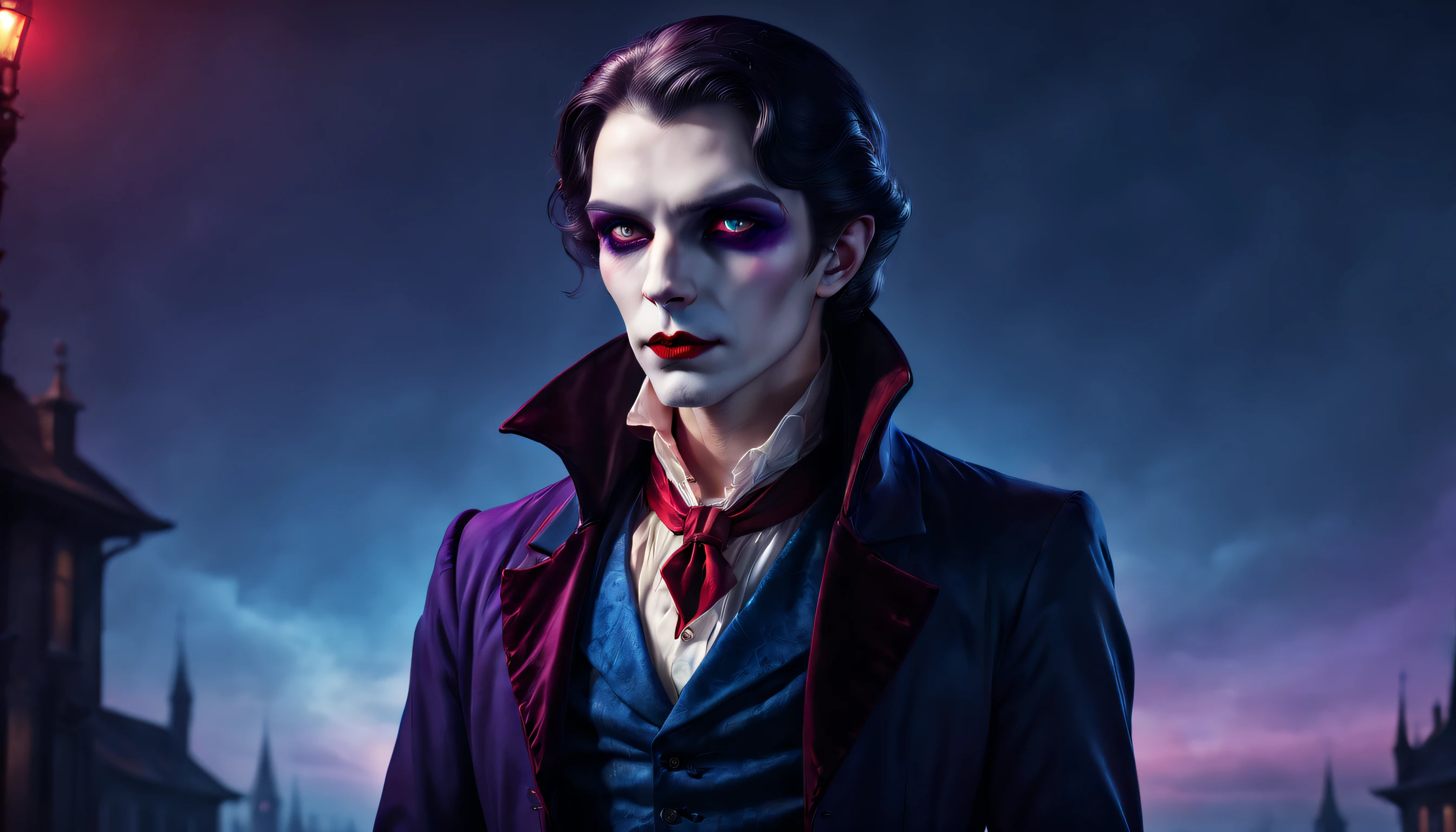 A mysterious vampire character with introspective thoughts, gentle demeanor, and a touch of melancholy. Immaculately dressed and gazing into the horizon. Captured in a subtle vintage style with refined shades of blue, purple, and red lighting.
DonMV01dfm4g1c3XL