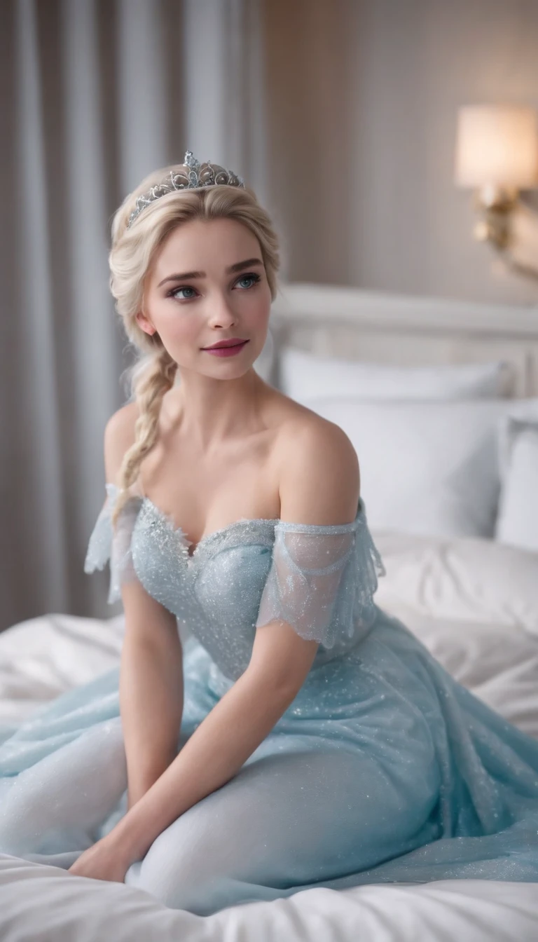 elsa frozen at 18 years old at the bed, open legs, (showing ), walt disney, medium shot