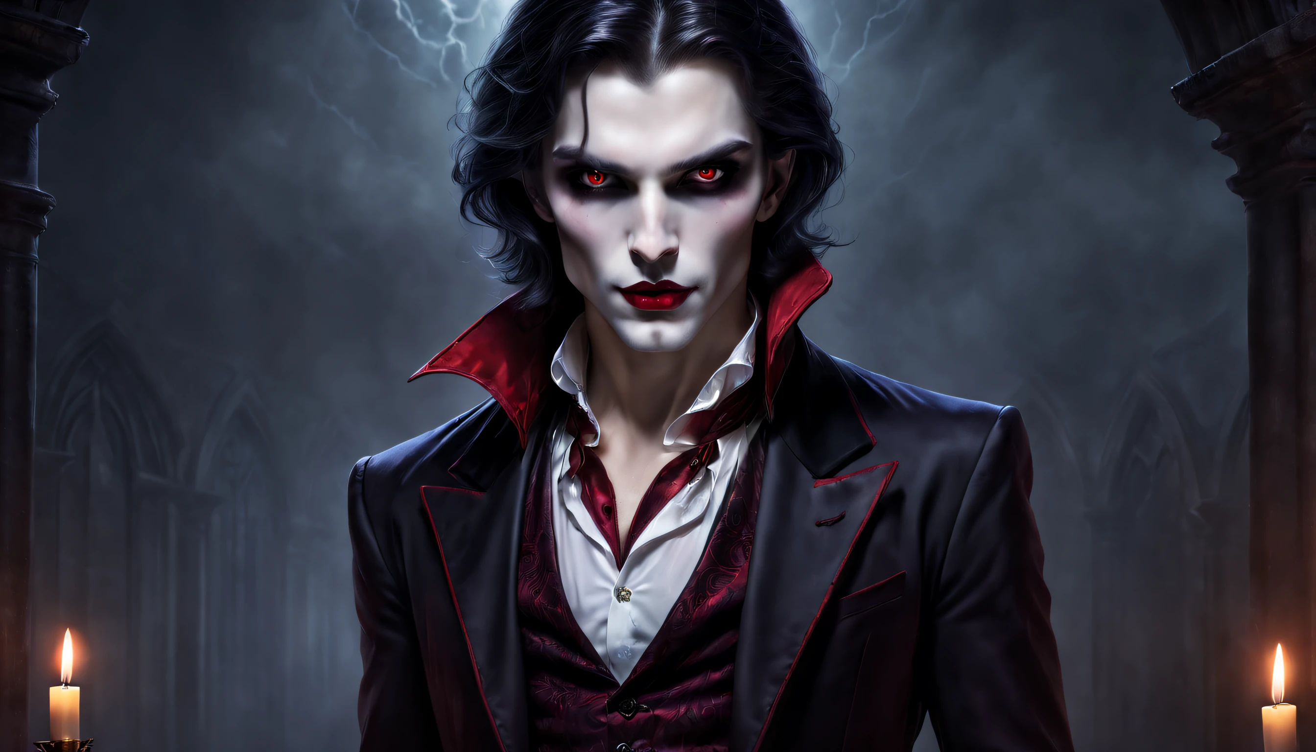 "An enigmatic and introspective vampire with striking features, pondering life and the human condition. A compelling presence with alluring charisma, dressed elegantly and surrounded by an air of mystery. DonMV01dfm4g1c3XL