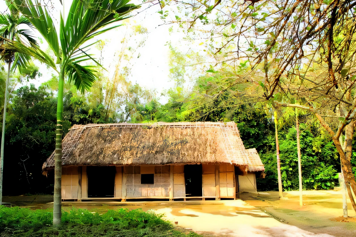arafed hut with a thatched roof in a tropical setting, bamboo huts, hut, longhouse, huts, tribe huts in the jungle, village, village house, historical setting, thatched roofs, full - view, thatched houses, thatched roof, an ancient, vanara, kerala village, rustic, rural, kanamemo, vietnam
