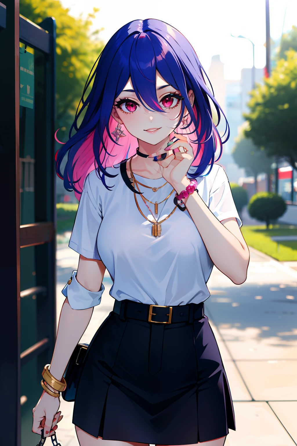 masterpiece, best quality, highly detailed, 1girl, solo, perfect anatomy, slim, red eyes, blue hair, bangs, purple hair, hair between eyes, multicolored hair, gradient hair, pink lips, thick thighs , edgCT, blouse, wearing edgCT, chic top, light smile, detailed background, outdoor, standing, sexy, sunglasses, skirt, earrings, necklace, bracelet,