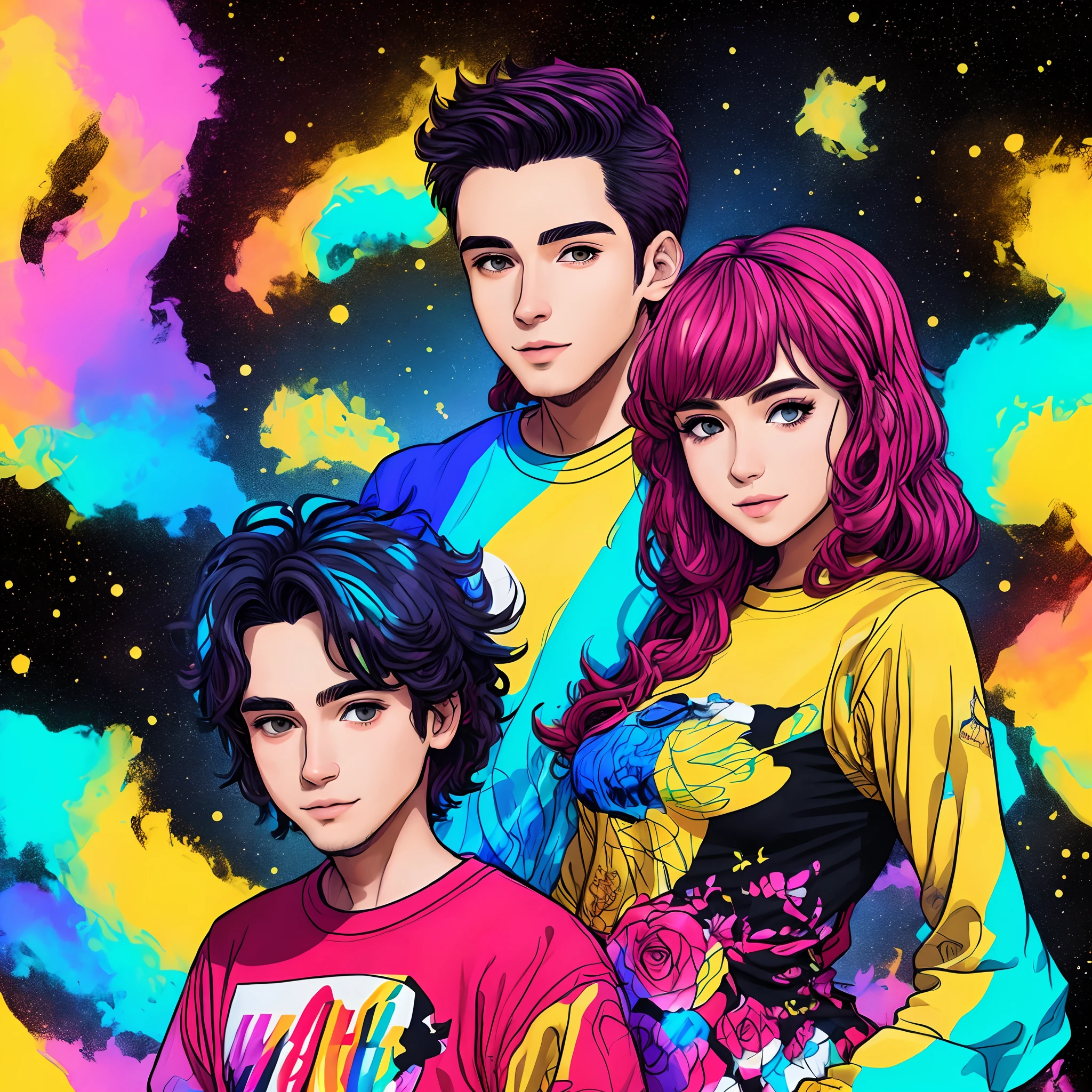Casal jovem ultra realista e moderno em um universo de tintas cmyk com uma camiseta escrito bemimpresso