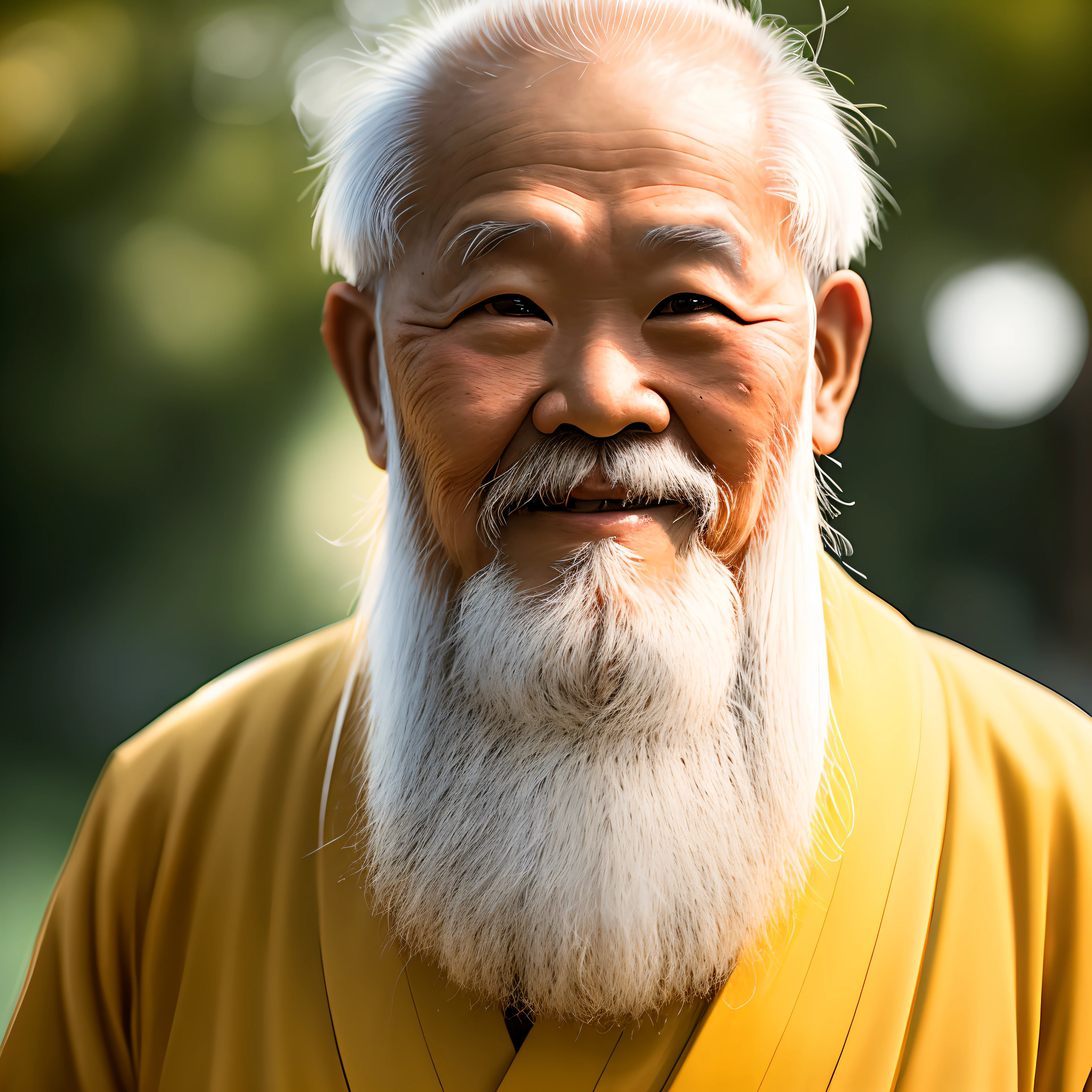 old man，Asian people，Frontal photo，Wearing a yellow kimono，Long white beard，8K pixels，Background bokeh