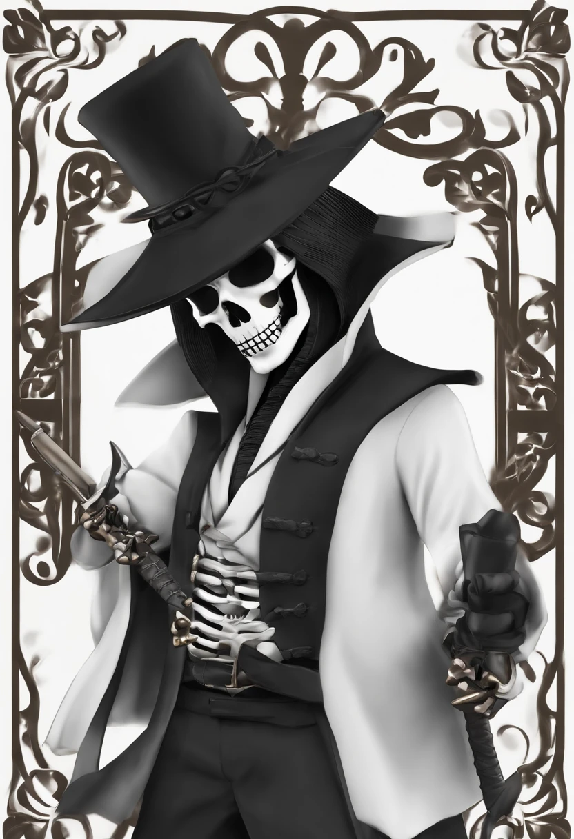 A man with a black hat and a skeleton, avatar roblox, gapmoe yandere grimdark, pele branca assustadora, inspirado em Okumura Masanobu, ((vestindo um manto aristocrata)), avatar da parte superior do corpo, imagem de corpo inteiro, corpo inteiro; , vestes colantes preto e branco!, roupa de samurai, estilo anime