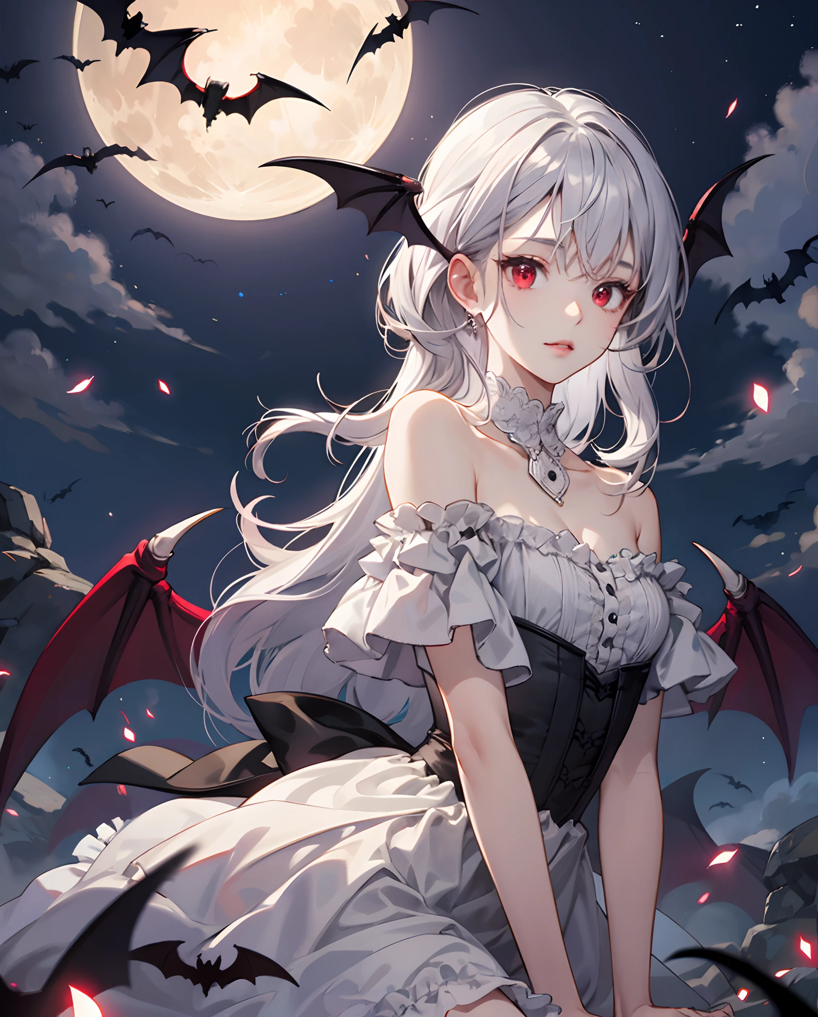 Bats
dress
silver hair、One Vampire Girl、red eyes、off shoulders、a moon、natta