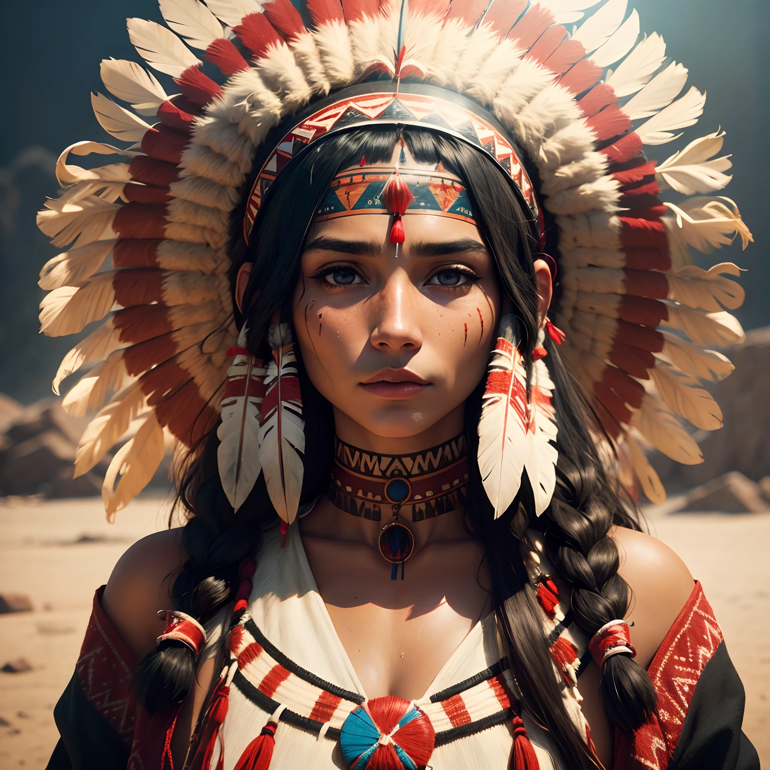 warrior girl , native indian with war bonnet, battlefield scene, beautiful eye, naked, photorealistic 3D