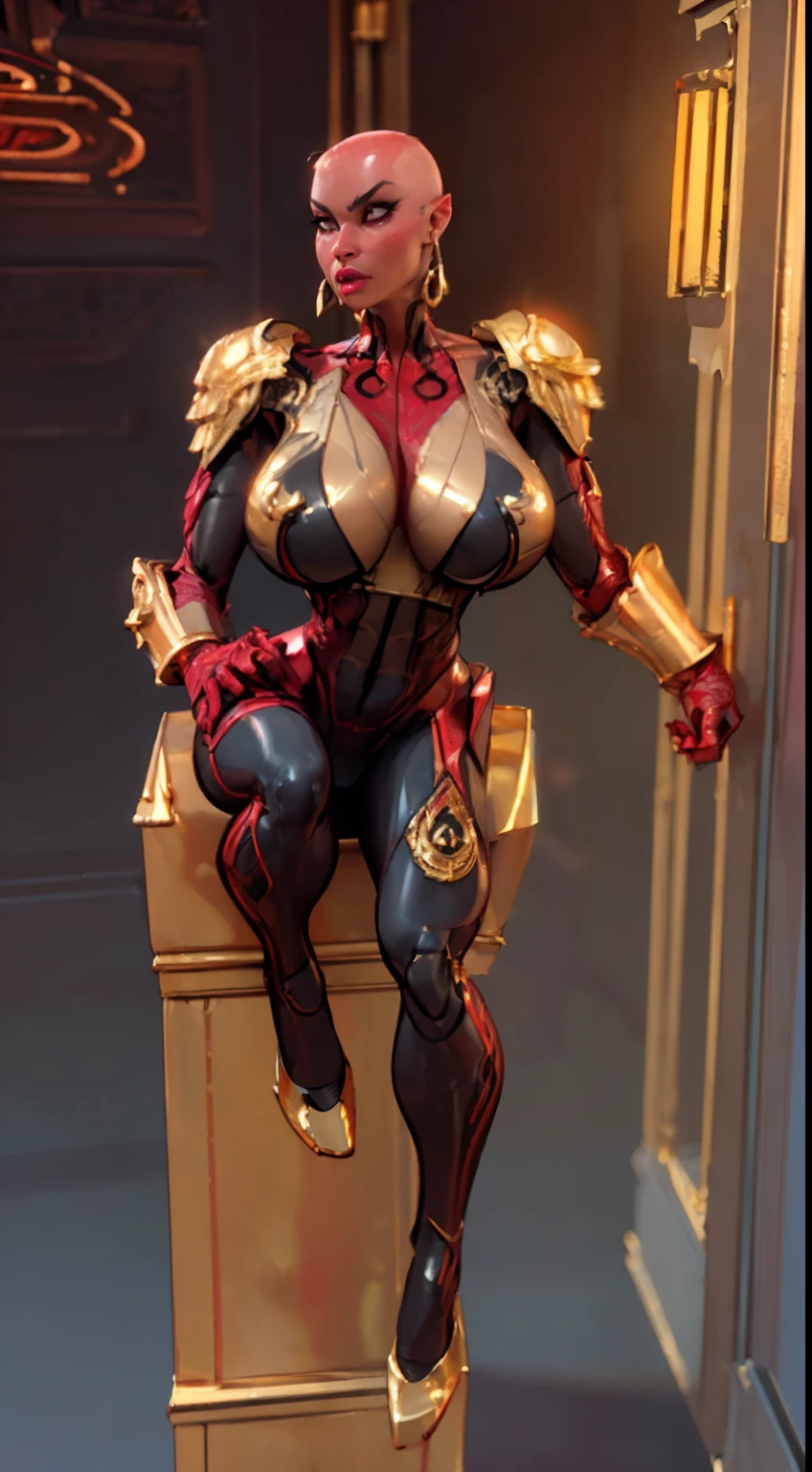 ((3d render:1.7)), 8k ((above view:1.3)), ((full body view))(large eyes:1.3), defined cheekbones, looking back, ((the pit style:1.4))((sleek dark red bodysuit:1.6)) ((intricate gold glowing lace details:1.6))detailed face:1.5), blue skin,(puffy lips:1.5) (blue skin:1.6), ((bald woman:1.7)), ((skinhead)), ((sexy pose)),(Muscular:1.5), ((gigantic breasts:1.5)), )highly detailed, Volumetric lighting, baroque oil painting by Greg Rutkowski, Artgerm, WLOP, dynamic angle,((intricate red neon lines on bodysuit:1.3)), majestic, digital photography, best shadow, light particles, art by artgerm and ruan jia and greg rutkowski, ((gold shoulder pads:1.6)), (masterpiece), sidelighting, intricate details, (((gold color palette))),(((on knees on top of pedestal)))