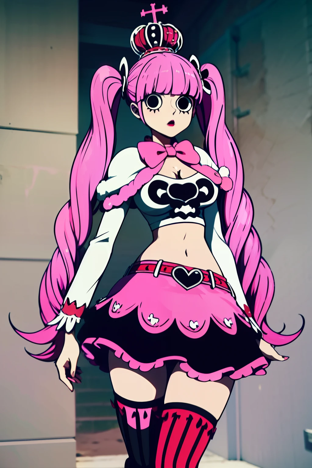 Perona, 1girl, pink hair, black eyes, blunt bangs, drill hair, red lipstick, long twintails, crown, (white and black striped stockings), red boots, red capelet, pink bowtie, white shirt with sleeves, red skirt, midriff, perfect anatomy, solo, upper body