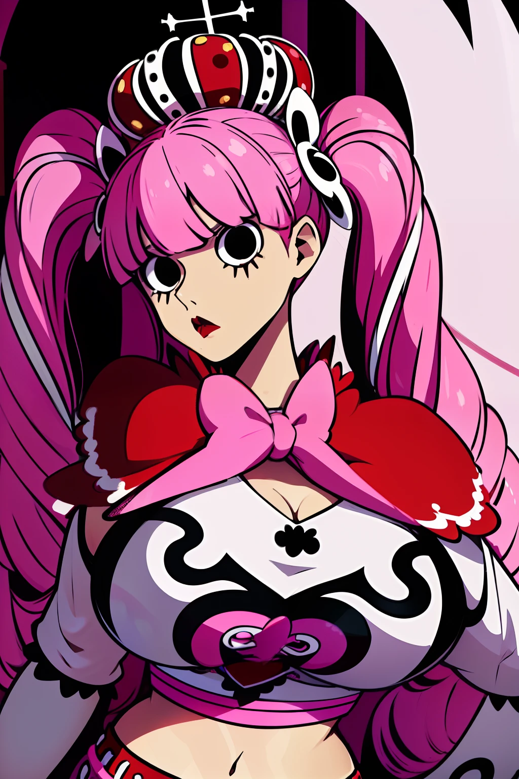 Perona, 1girl, pink hair, black eyes, blunt bangs, drill hair, red lipstick, long twintails, crown, (white and black striped stockings), red boots, red capelet, pink bowtie, white shirt with sleeves, red skirt, midriff, perfect anatomy, solo, upper body