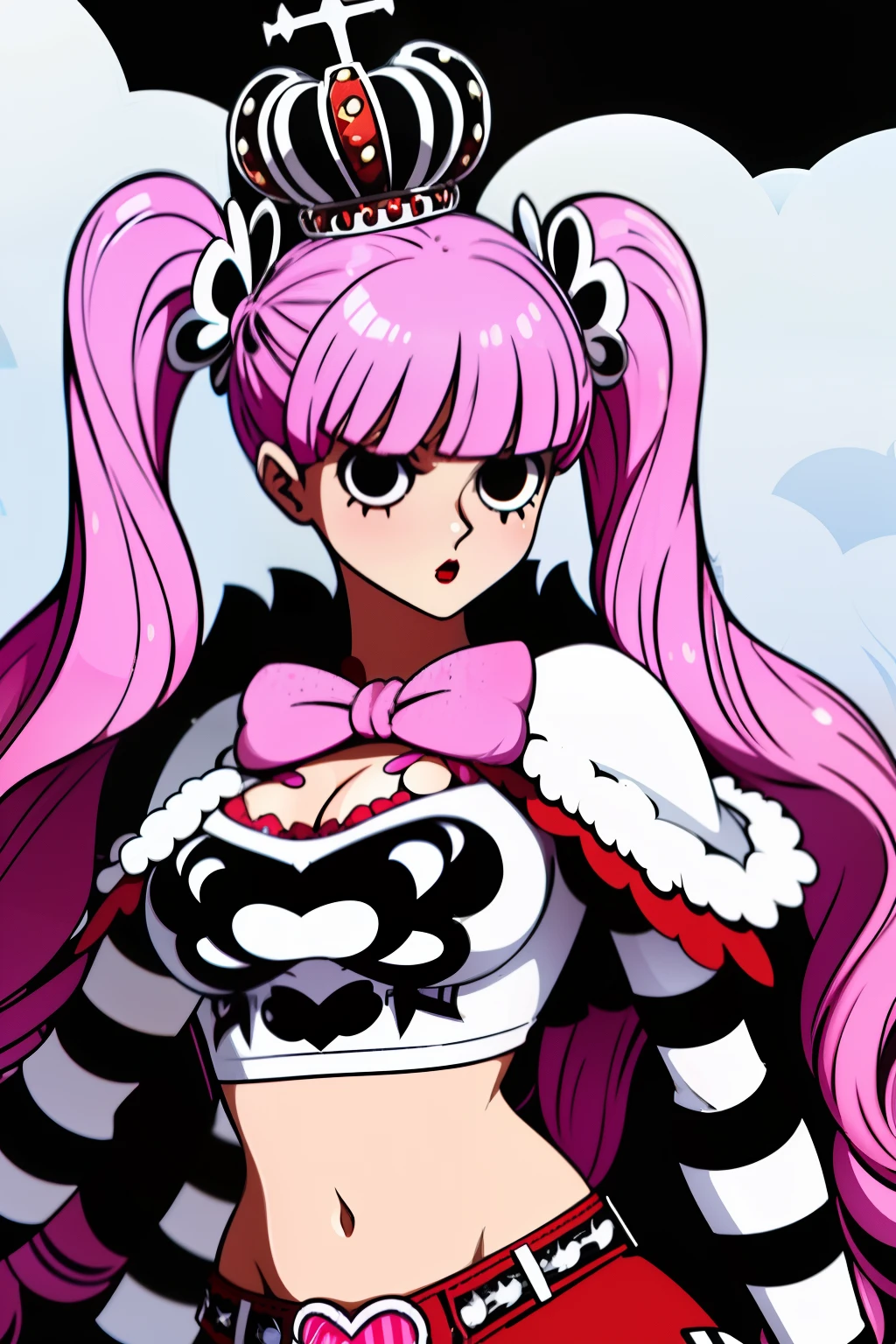 Perona, 1girl, pink hair, black eyes, blunt bangs, drill hair, red lipstick, long twintails, crown, (white and black striped stockings), red boots, red capelet, pink bowtie, white shirt with sleeves, red skirt, midriff, perfect anatomy, solo, upper body