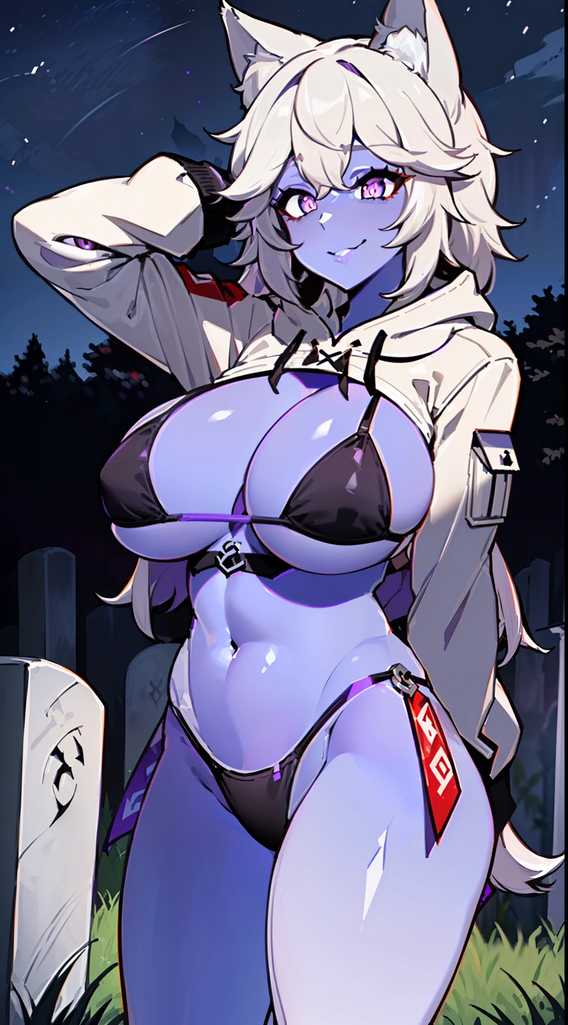 masterpiece, best quality, extremely detailed, 1girl, mature female, solo, (white skin:1.6), lupusregina beta, ((huge breasts:1.3)), (((white hair, long hair, purple eyes, slit pupils, wolf ears))), parted lips, (((corruption, cropped hoodie, black bikini, long sleeves))), evil smile, (closed mouth), ((arms behind head, cemetery, night))