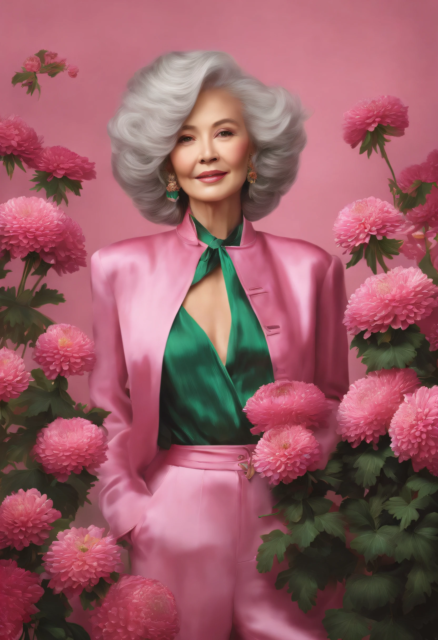 fashion magazine,ultrarealism oil painting,(chrysanthemums),Chinese grandmother,Pink and emeralds,Plant cover background,The style of artist Bruce Zheng,shinny hair,cowboy lens,art-deco,Verism,blooms,Award-Awarded,retinas