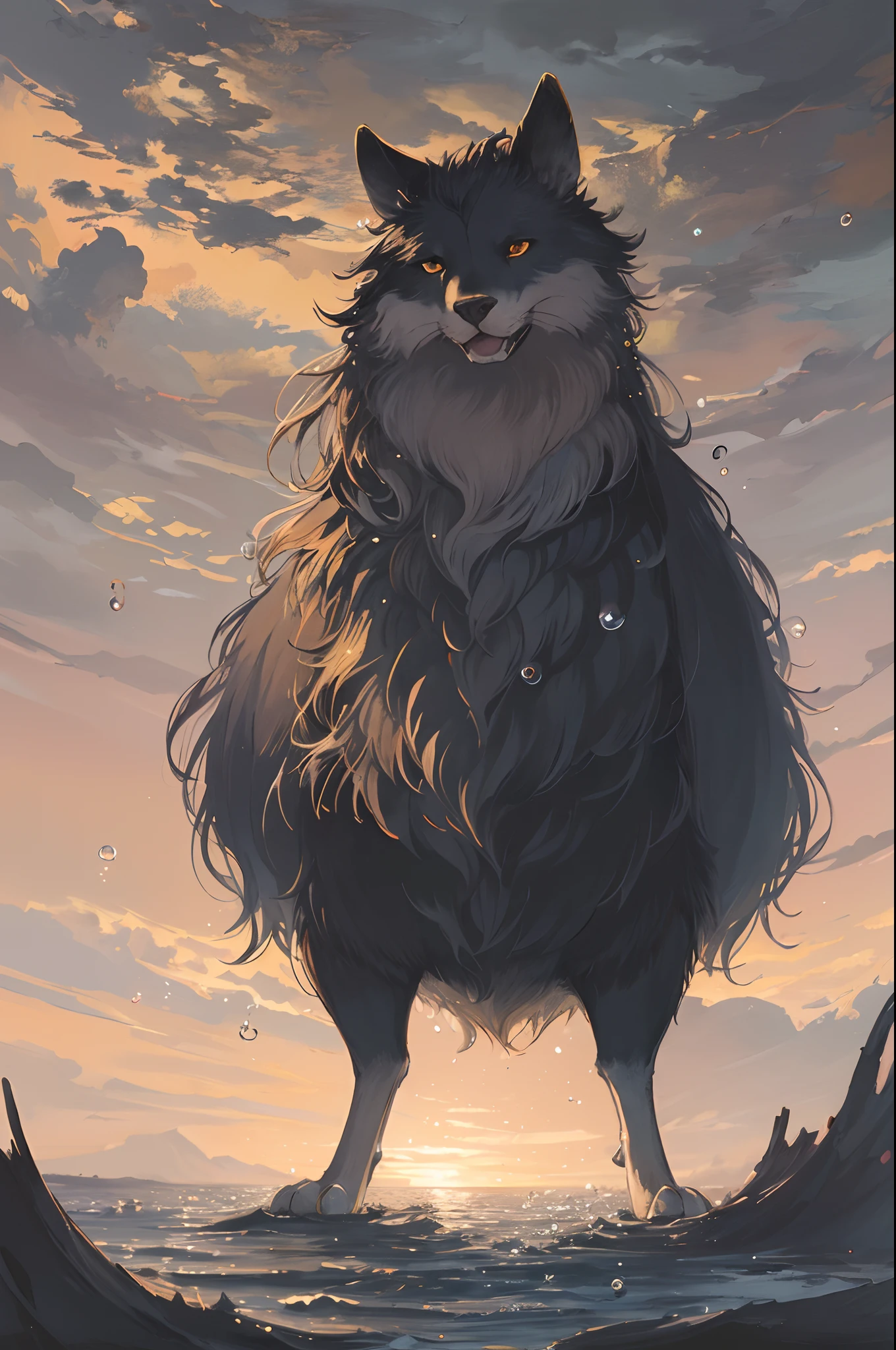 High-quality illustrations by Claude Monet, Impressionism, cover_page, highres, absurdres, detailed background, lake, dawn, detailed forest, clouds, Mysterious and romantic atmosphere, caustics surface(refraction, polarization)perfect anatomy(handsome 1boy, single, kemono, solo focus)volumetric lighting, Wet clothes, Water droplets(furry anthro)(very detailed body fur)full body, soft and delicate color palette, dramatic composition,