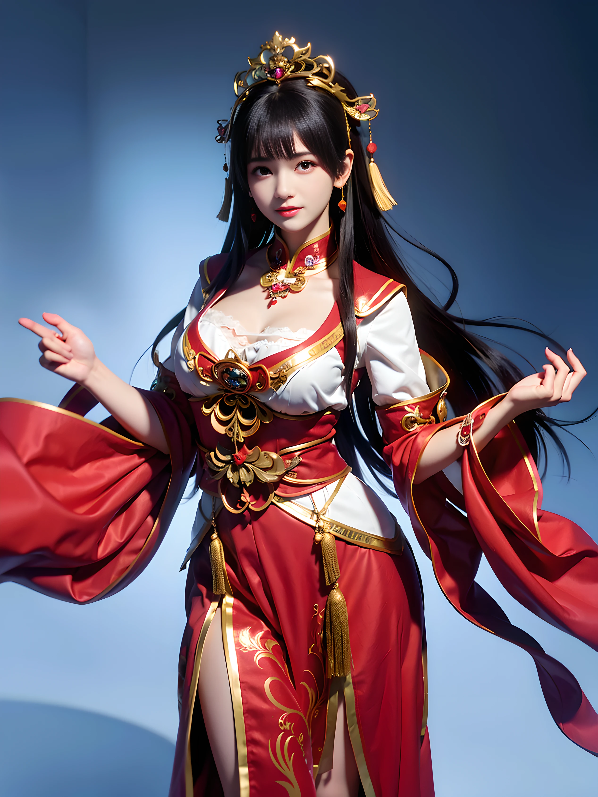unbelievable Ridiculous，hugefilesize，ultra - detailed，the heirs，The is very detailed，Best quality at best，tmasterpiece，An extremely delicate and beautiful，The is very detailed，CG，Solidarity，8k wallpaper，An Astonishing，finely detailled，tmasterpiece，Best quality at best，offcial art，extremely detailed CGunity8k wallpapers，The upper part of the body，tmasterpiece，Need，（真实感：1.4），A high resolution，long whitr hair，1girll，Arakfi women posing for photos in red dresses and headdresses，Gorgeous Role Play，beautiful costume，Complex fantasy dresses，beautiful fantasy empress，Chinese dress，Intricate dresses，Complex clothing，Traditional beauty，gorgeous chinese models，Chinese outfit，Inspired by Lanying，Wearing Gorgeous Costume， Inspired by PwC，Wearing an elegant Chinese showwear dress，Chinese wedding dress，Phoenix Guanxia，Antique bride，ssee-through，Bigchest，There are very deep，There is light in the chest，Looming，Extremely Delicately Beautiful，Delicate collarbones，beautiful make up，Exquisite and perfect facial features，looking toward the viewer，photon maping， Radio City， physically-based renderingt， above waist