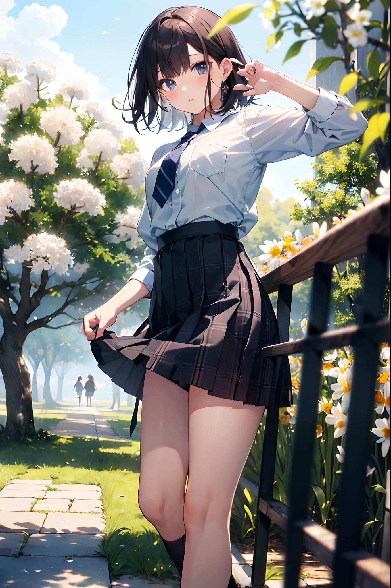 (top-quality、in 8K、32K、masterpiece、nffsw、超A high resolution、Impresionismo、Photorealsitic:1.2)、cowboy shot、foco nítido、detailed faces and eyes、(À la Fed Tree with Purple Flowers in Park with Bench, Breathtakingly beautiful tree々, Breathtaking - beautiful tree々々taking photo, Weeping willow and flowers, inspired by Matsumura Goshun, by Ikuo Hirayama, by Takeharu Matsumura, Magic Tree, by Kaii Higashiyama, Beautiful trees, very magical and dreamy)、Sharp pupils、Realistic pupils、beauitful face、18 year old beautiful girl、shinny skin、Bery short hair、Beautiful dark brown hair、Blunt bangs、Dark blue eyes、Shirt、neck tie、Plaid miniskirt、Black socks、(Have a skirt、Lifting skirt、I can see the white panties:1.3)、(Embarrassed look:1.2)、Mel Kishida