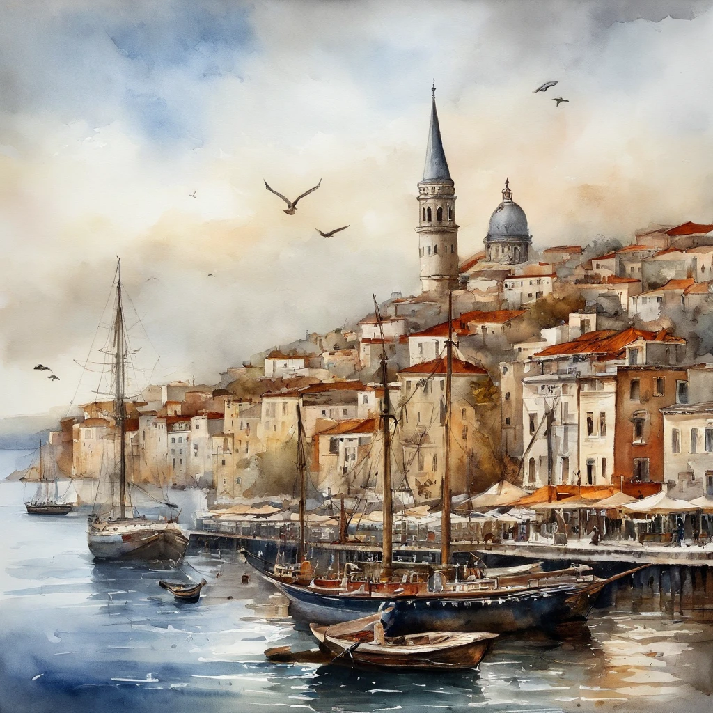 Port of Galata and beautiful view of the Bosphorus in style by Jean Paul Croquineur. Barcos, nubes, acuarela, Architectural drawing, clausura, Vista frontal con plano, pluma, [color de tinta], tonos sucios, coloreado