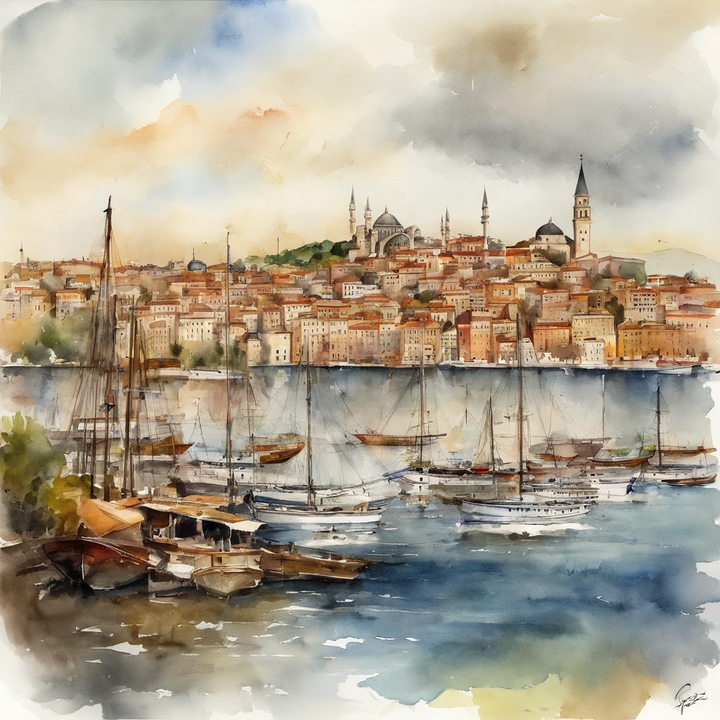 Port of Galata and beautiful view of the Bosphorus in style by Jean Paul Croquineur. Barcos, nubes, acuarela, Architectural drawing, clausura, Vista frontal con plano, pluma, [color de tinta], tonos sucios, coloreado